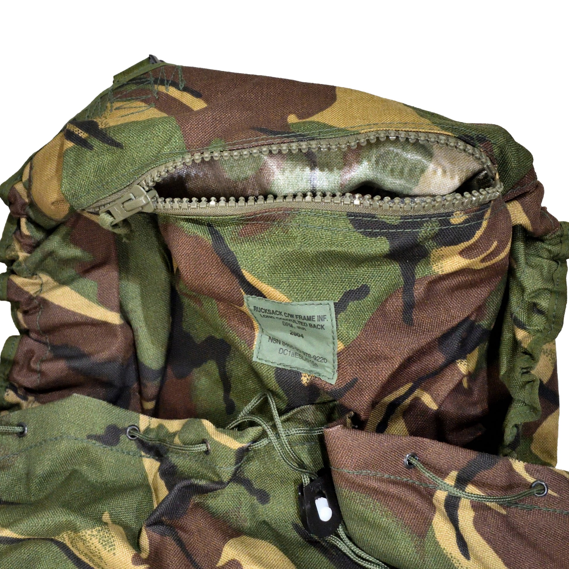 Close-up of British Army Rucksack and Frame (INF) Long Convoluted DPM IRR.