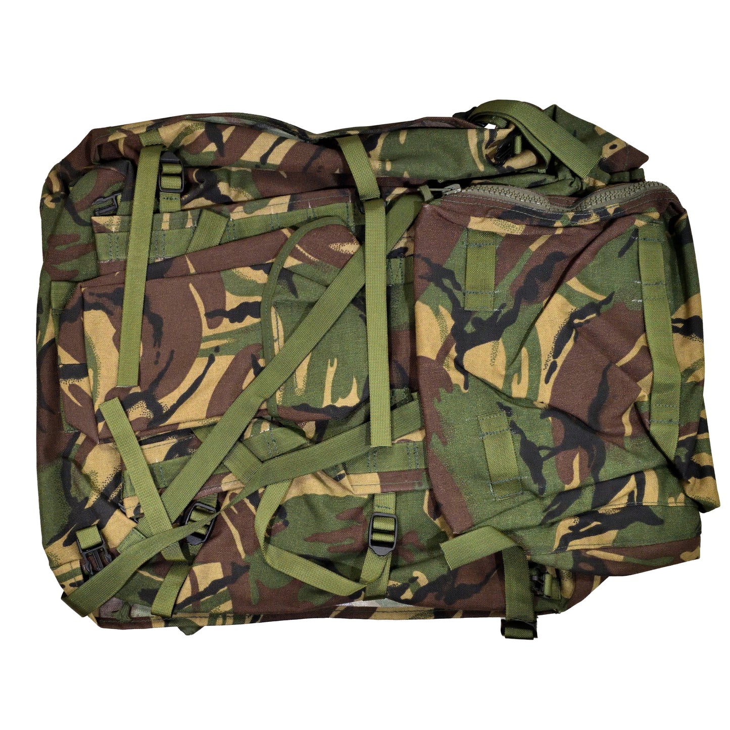 Front view of British Army Rucksack and Frame (INF) Long Convoluted in DPM IRR camouflage.