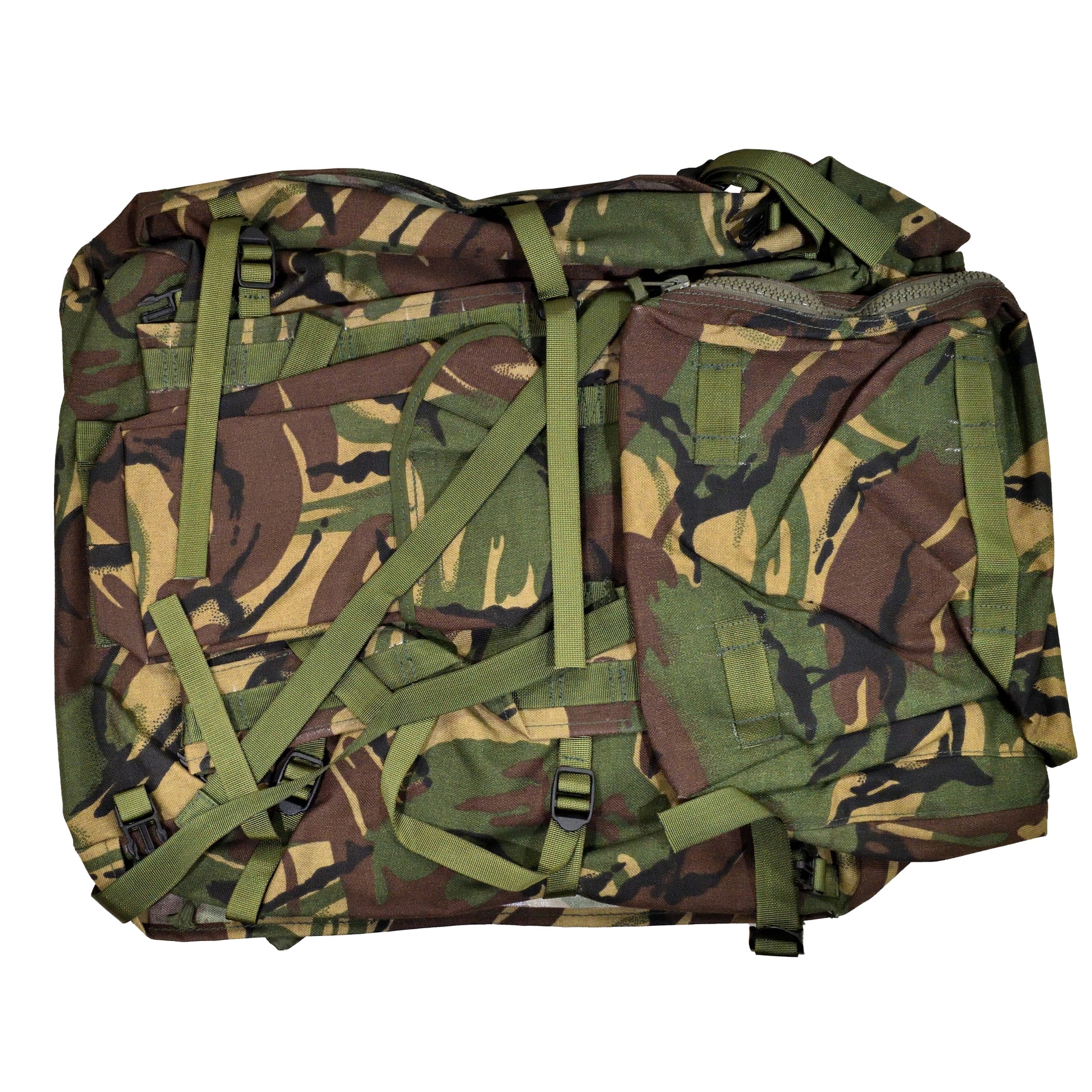 Front view of British Army Rucksack and Frame (INF) Long Convoluted in DPM IRR camouflage.