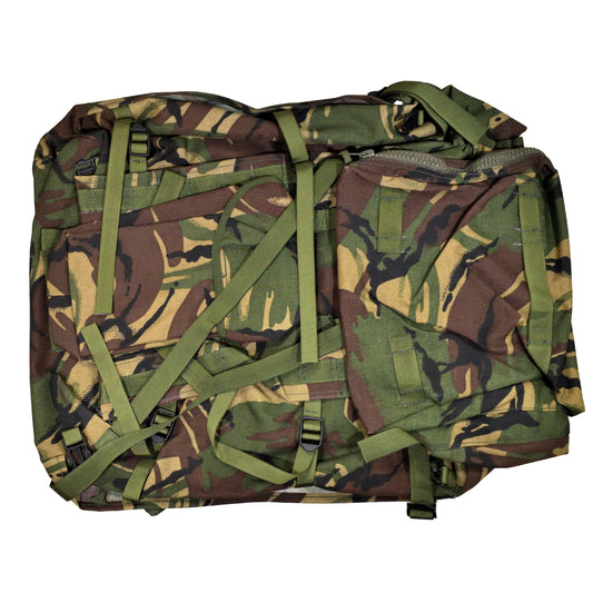 Front view of British Army Rucksack and Frame (INF) Long Convoluted in DPM IRR camouflage.