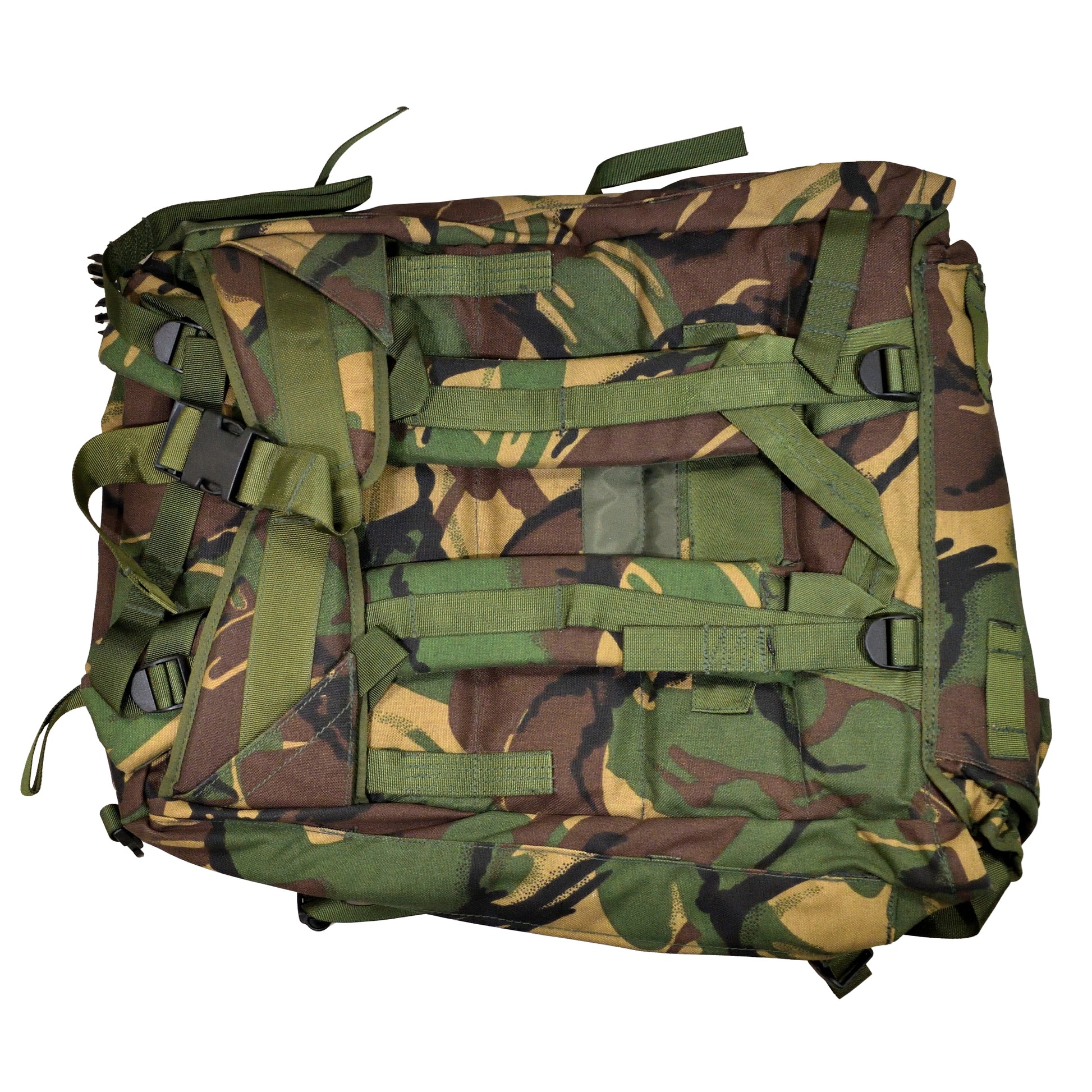 Rear view of British Army Short Convoluted Rucksack with frame in Disruptive Pattern Material IRR camouflage.