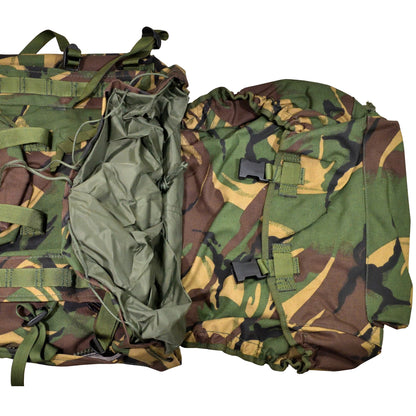 Angled rear view of British Army Short Convoluted Rucksack and Frame in DPM IRR camouflage.