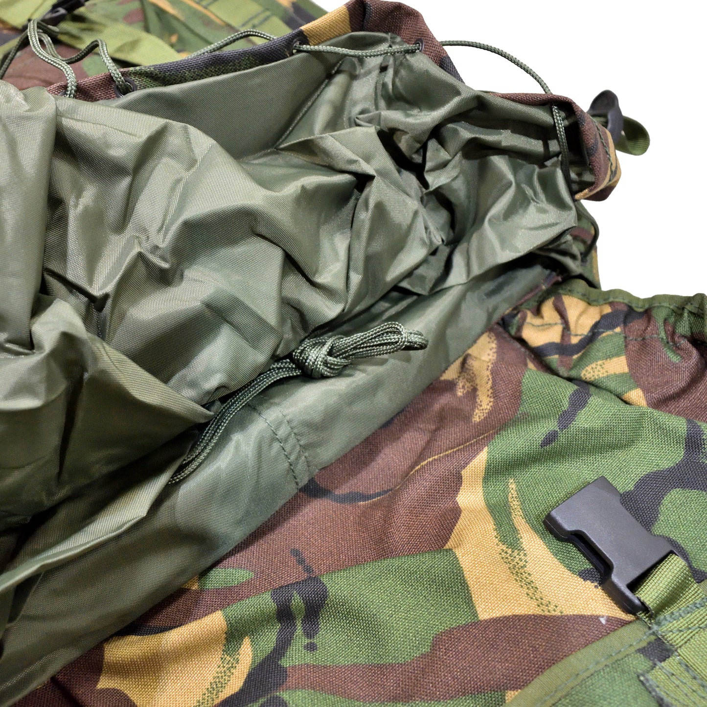 Close-up of fabric and mesh padding on British Army Short Convoluted Rucksack and Frame in DPM IRR.