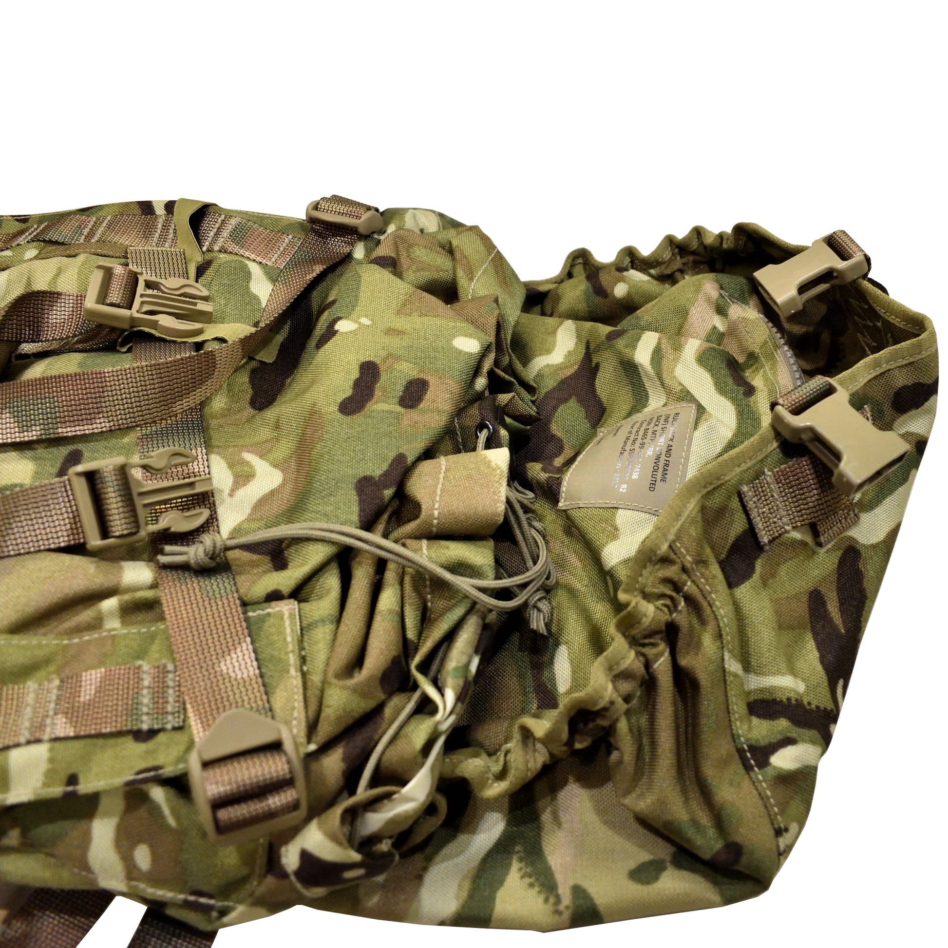 Angled close-up shot of British Army Rucksack and Frame (INF) Short Convoluted MTP IRR with padded straps.