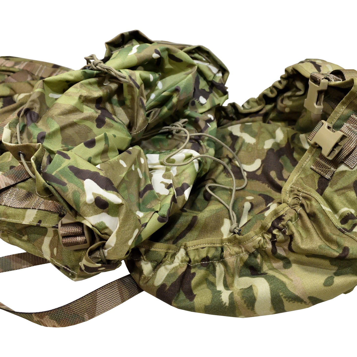 Rear view of British Army Short Convoluted Rucksack with frame in Multi-Terrain Pattern IRR camouflage.