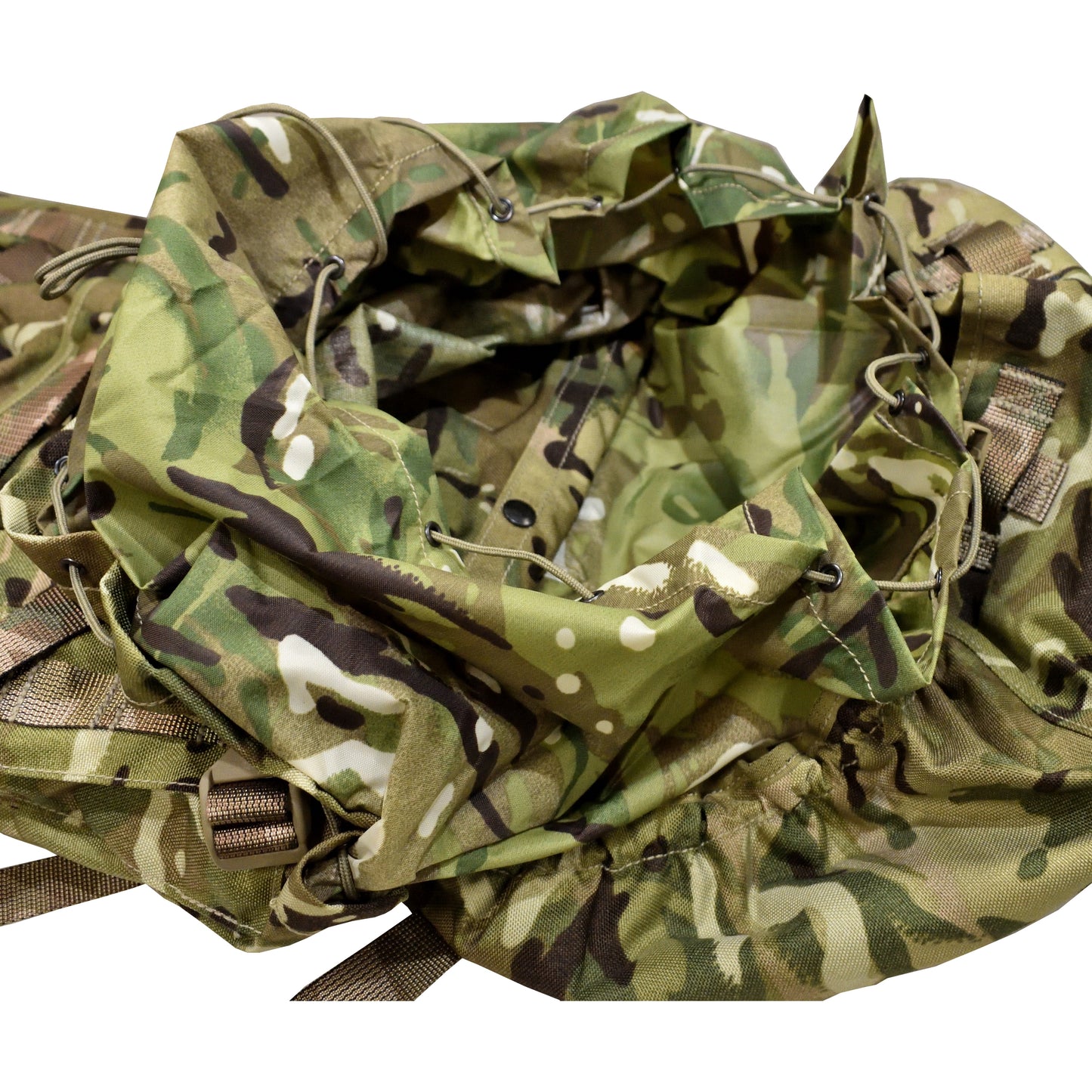 Close-up of fabric and mesh padding on British Army Short Convoluted Rucksack and Frame in MTP IRR.
