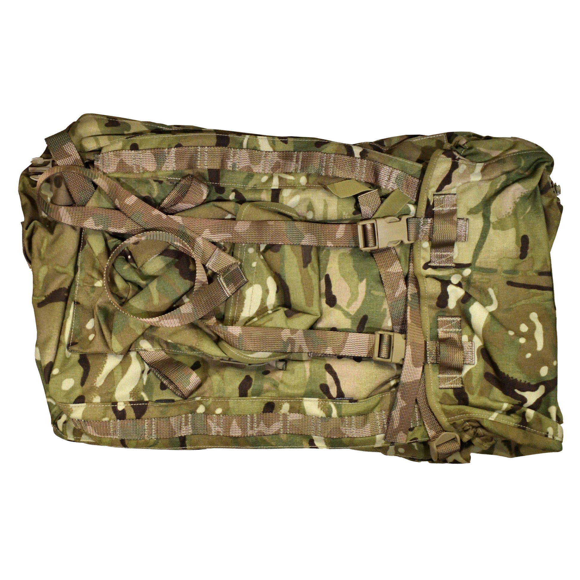 Rear view of British Army Short Convoluted Rucksack with frame in Multi-Terrain Pattern IRR camouflage.