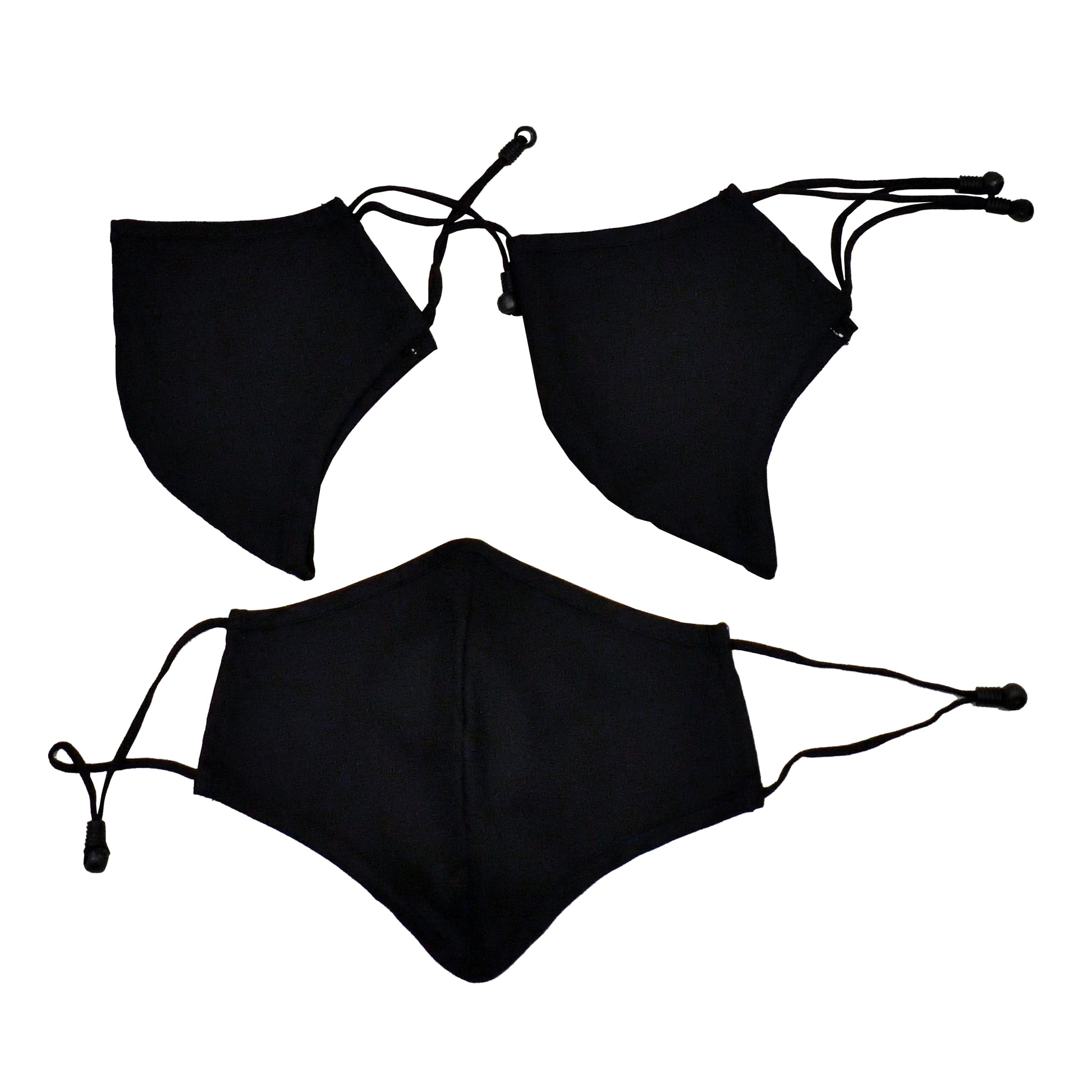 Flat lay of 3 black Scimitar Fluid Repellant Face Masks, reusable and breathable.