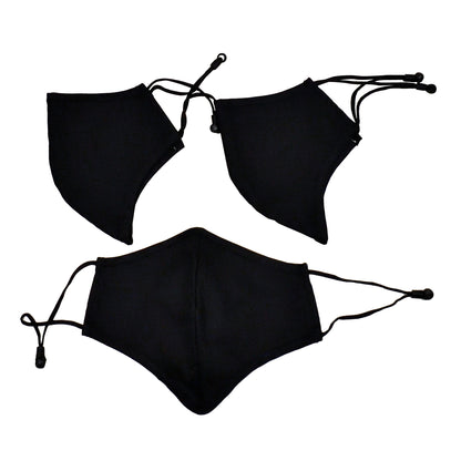 Flat lay of 3 black Scimitar Fluid Repellant Face Masks, reusable and breathable.