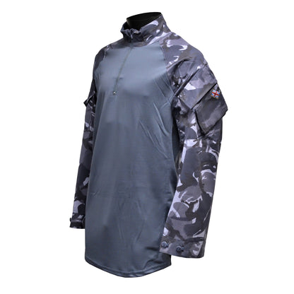 Left-angled front shot of British Army UBACS EP Shirt Blue Camo showing chest pockets and fabric.