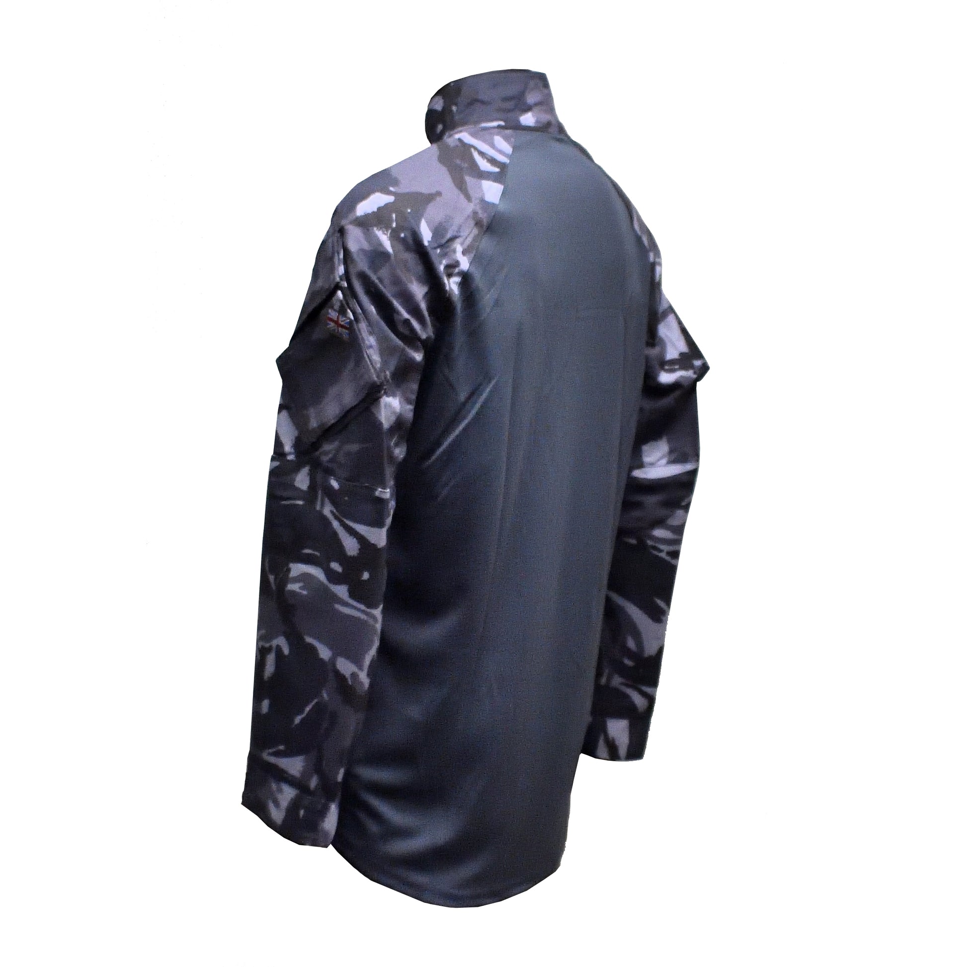 Left-angled rear view of British Army UBACS EP Shirt Blue Camo showing back panel and ventilation.