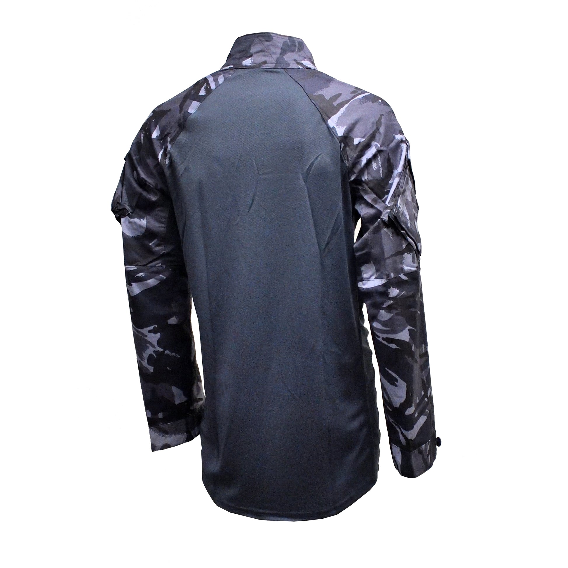 Right-angled rear shot of British Army UBACS EP Shirt Blue Camo with reinforced elbow areas.