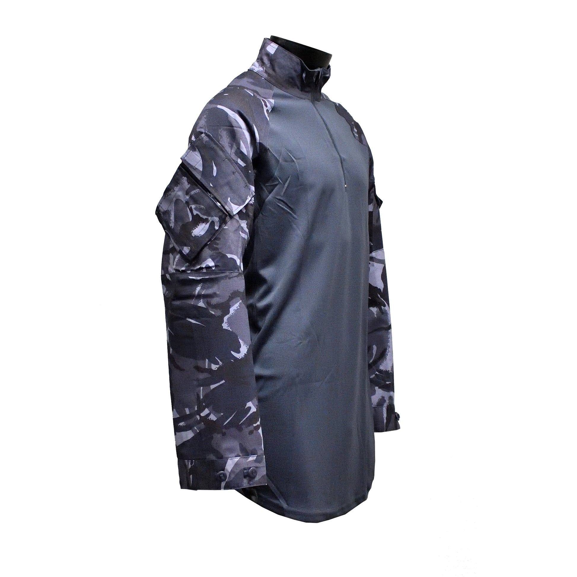 Right-angled front view of British Army UBACS EP Shirt Blue Camo highlighting fit and sleeve details.
