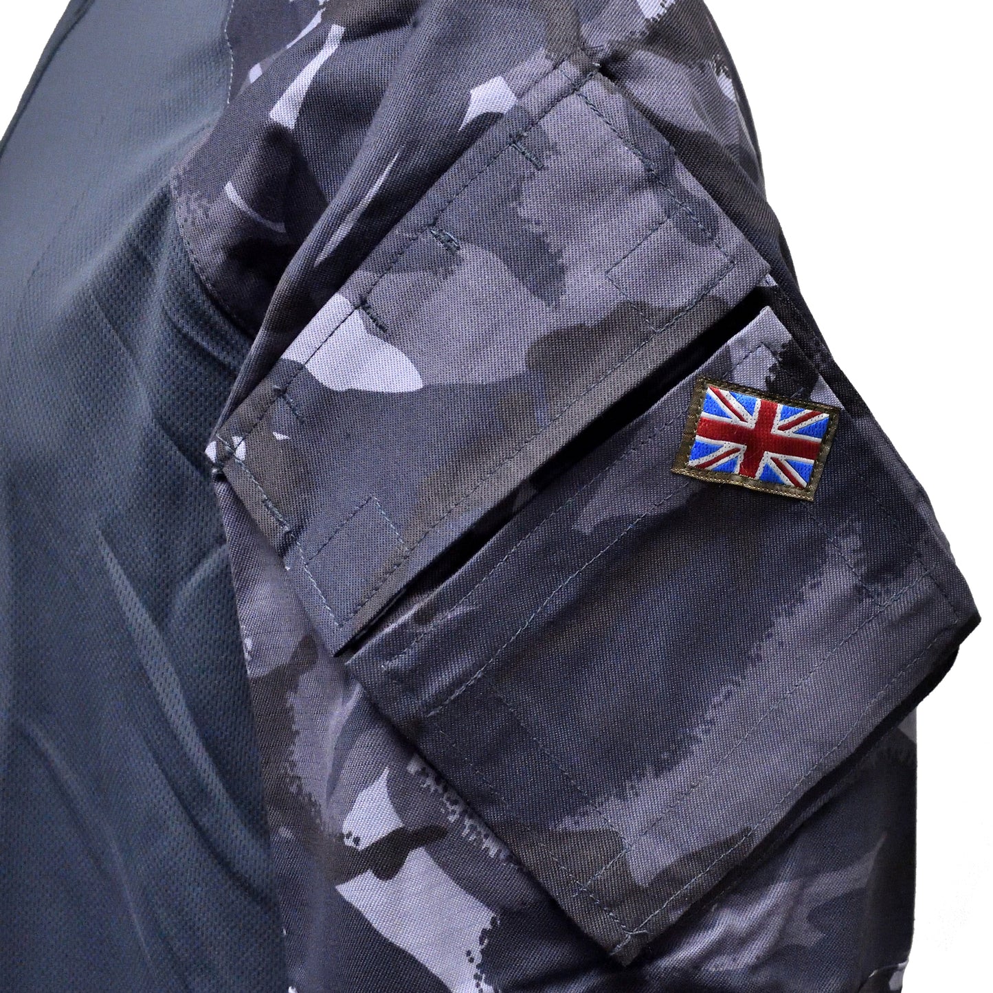 Close-up of Union Jack flag patch stitched on British Army UBACS EP Shirt Blue Camo.