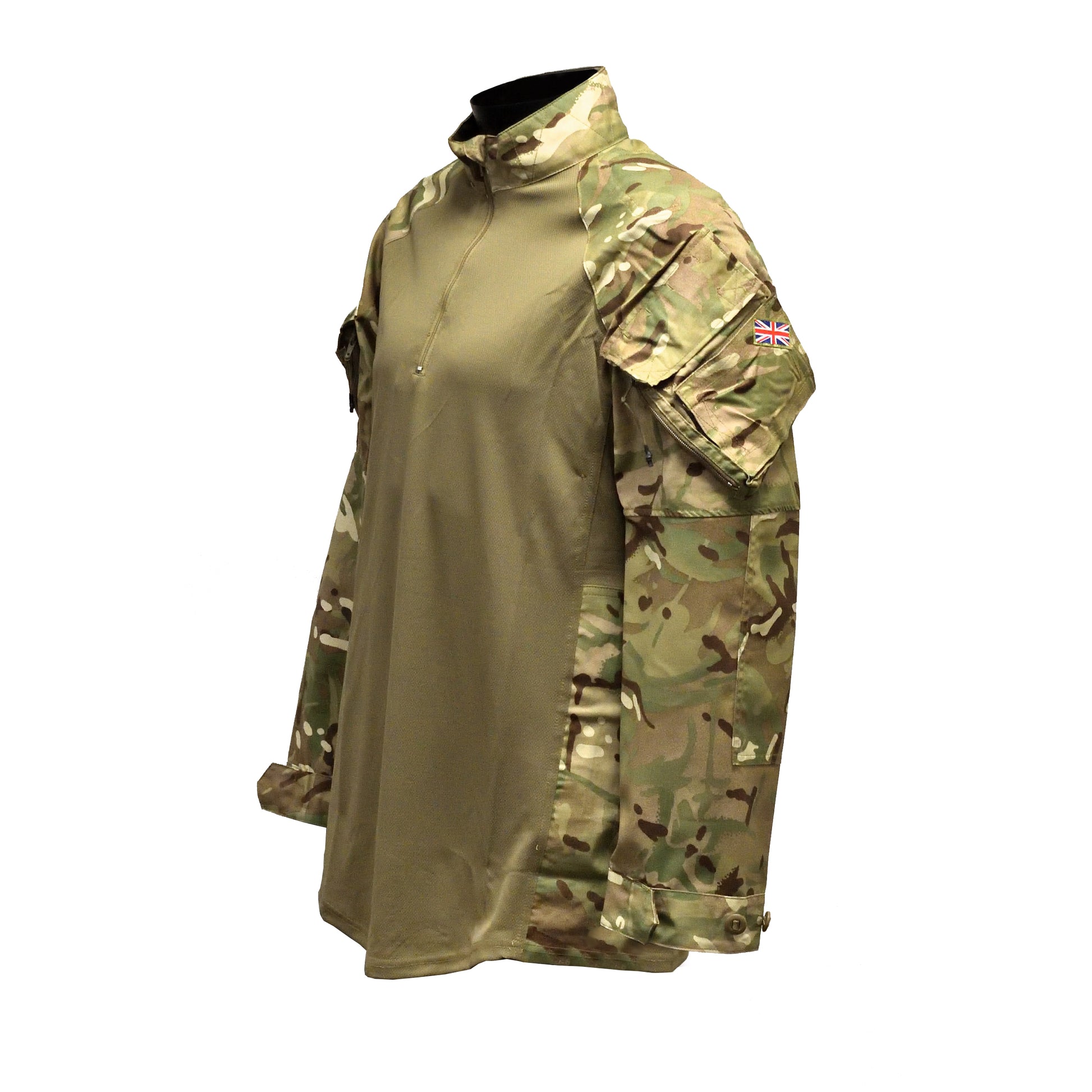 Left-angled front shot of British Army UBACS EP Shirt "23" MTP showing chest pockets and fabric.