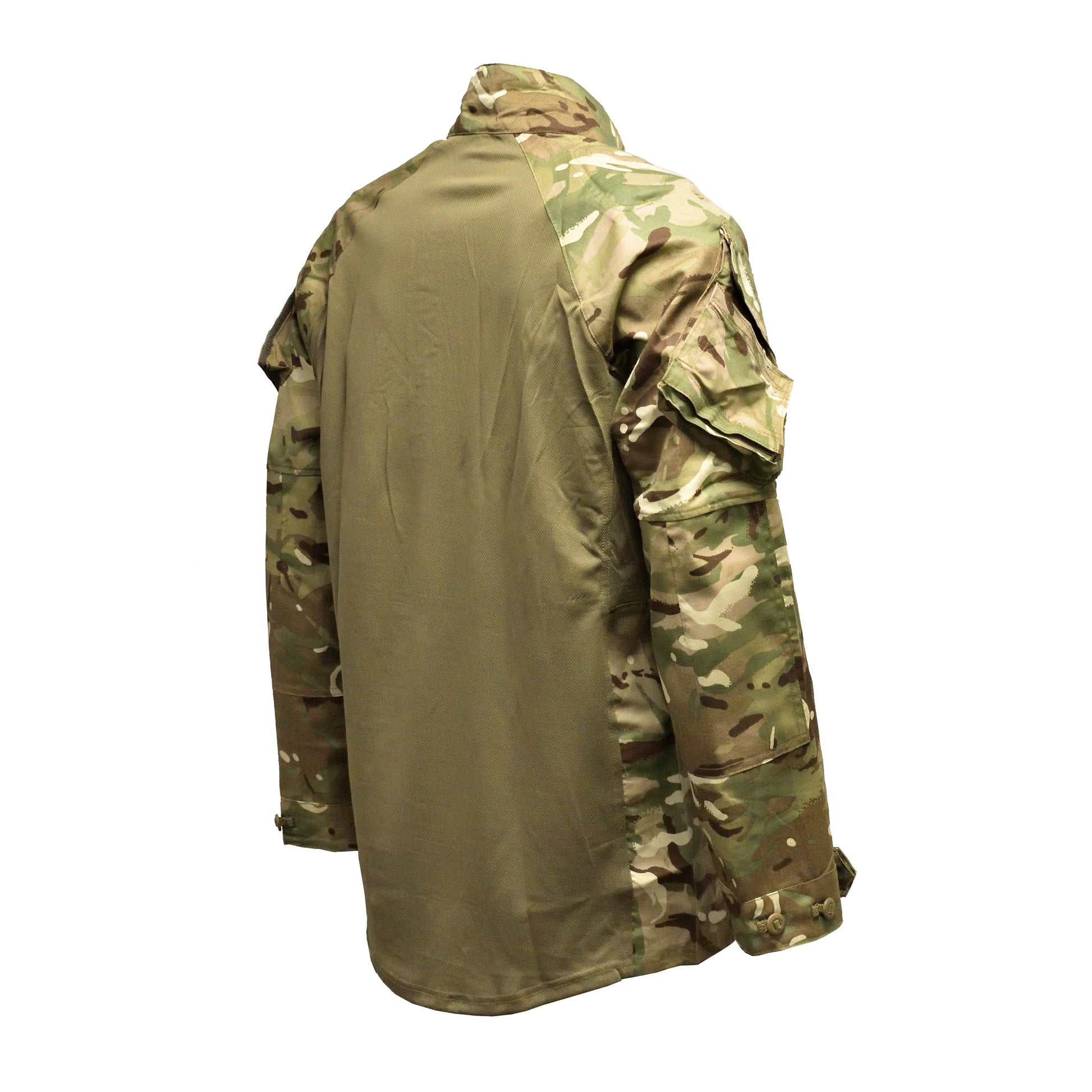 Right-angled rear shot of British Army UBACS EP Shirt "23" MTP with reinforced elbow areas.