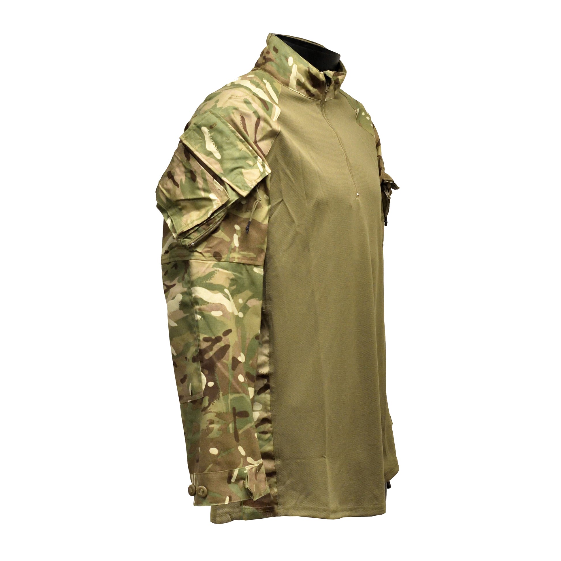 Right-angled front view of British Army UBACS EP Shirt "23" MTP highlighting fit and sleeve details.