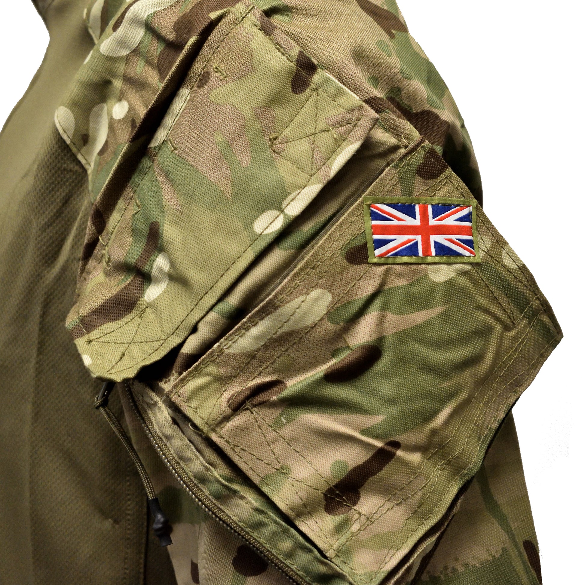 Close-up of Union Jack flag patch stitched on British Army UBACS EP Shirt "23" MTP.