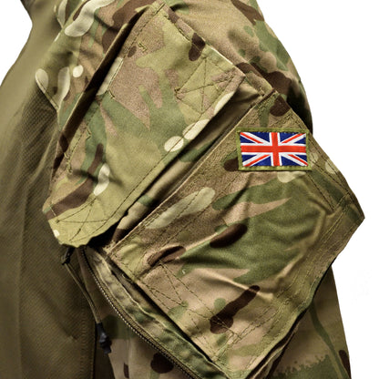 Close-up of Union Jack flag patch stitched on British Army UBACS EP Shirt "23" MTP.