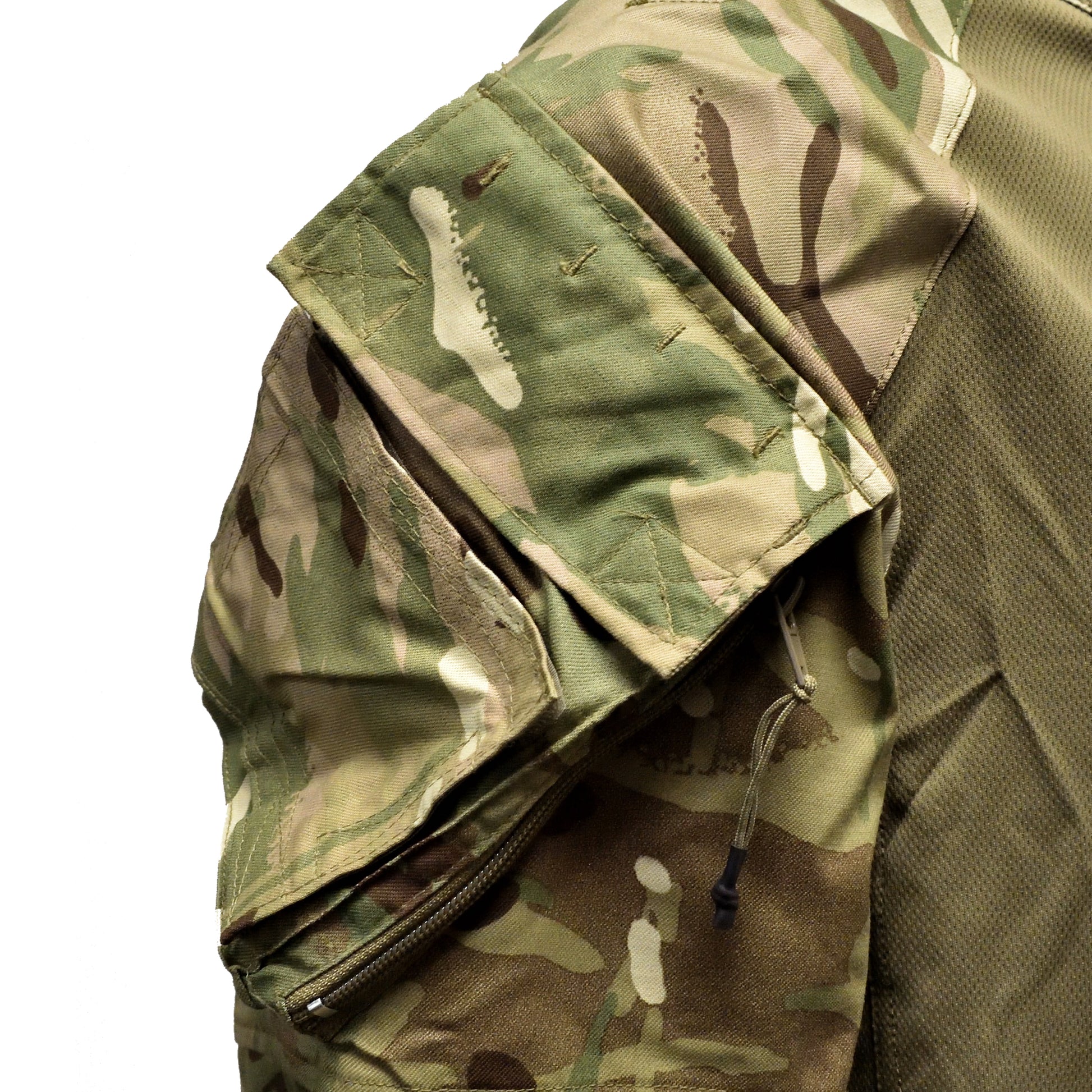 Detailed shot of sleeve pocket and stitching on British Army UBACS EP Shirt "23" MTP.
