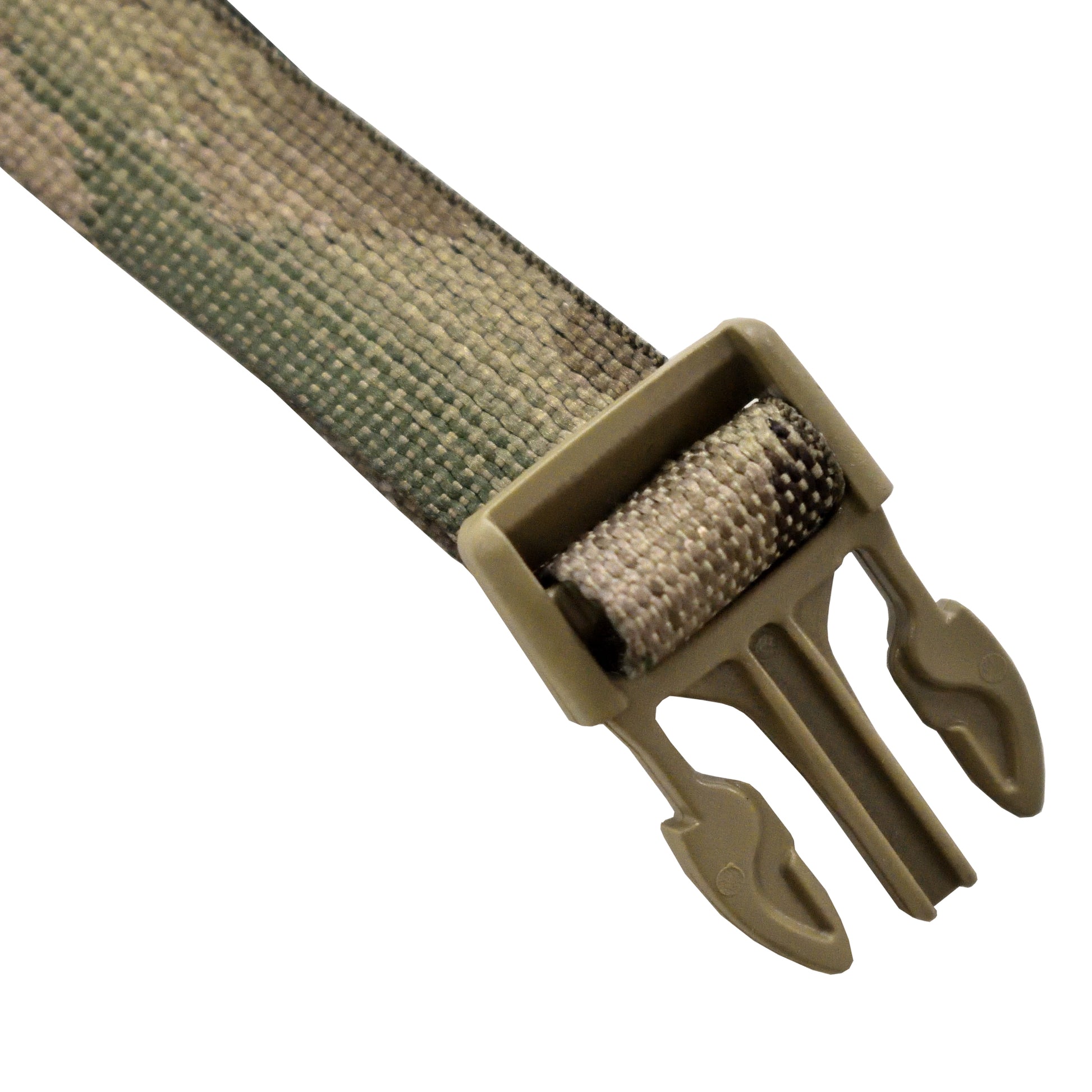 Close-up of buckle and strap adjustment on British Army Yoke Side Pouch Strap IRR.