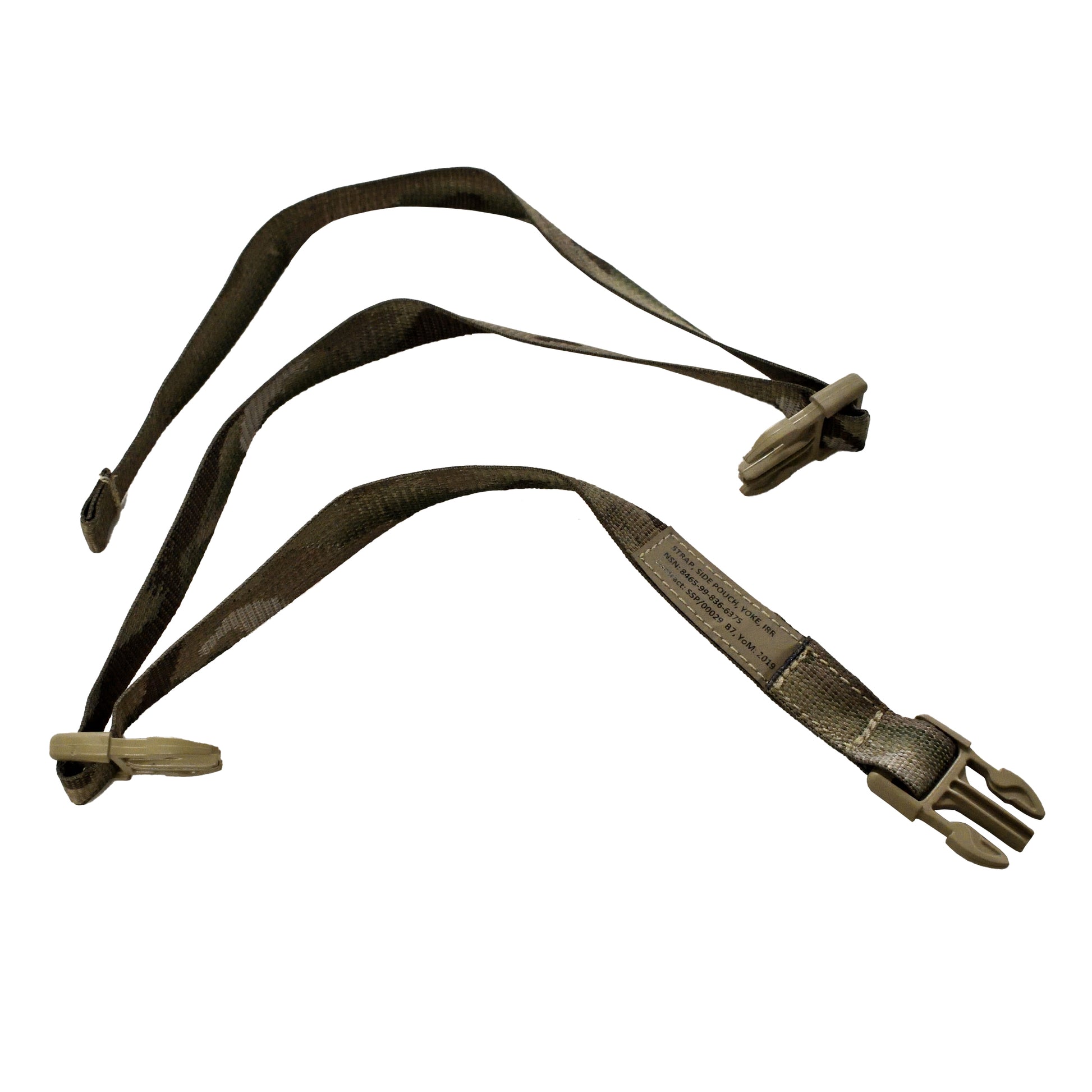 Front view of British Army Yoke Side Pouch Strap in IRR camouflage pattern.