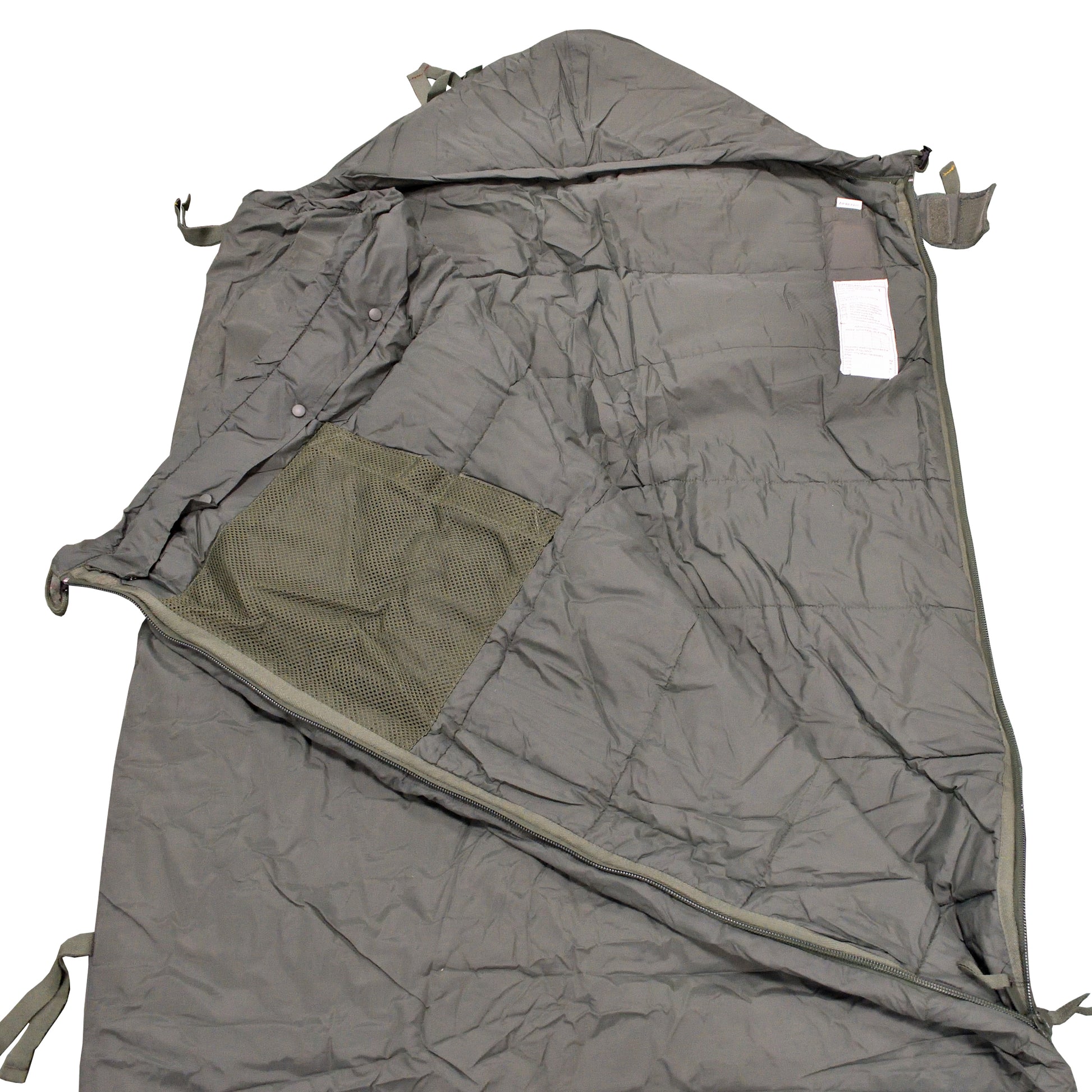 British Army Lightweight Sleeping Bag partially unzipped, displaying interior lining.