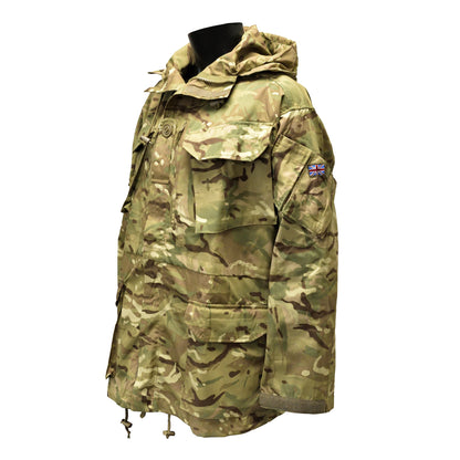 Left-angled front shot of British Army Windproof Combat Smock "2" MTP showing zip and pockets.