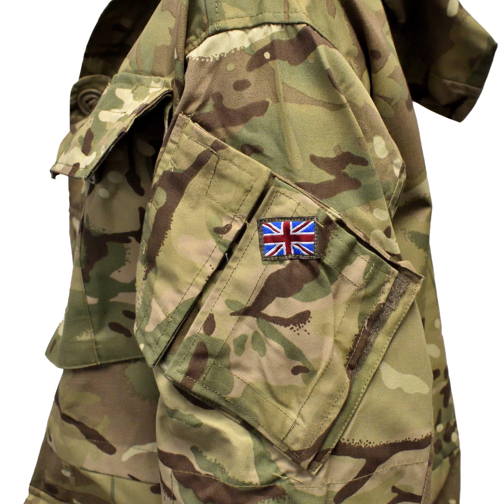 Close-up of Union Jack flag patch stitched on British Army Windproof Combat Smock "2" MTP.