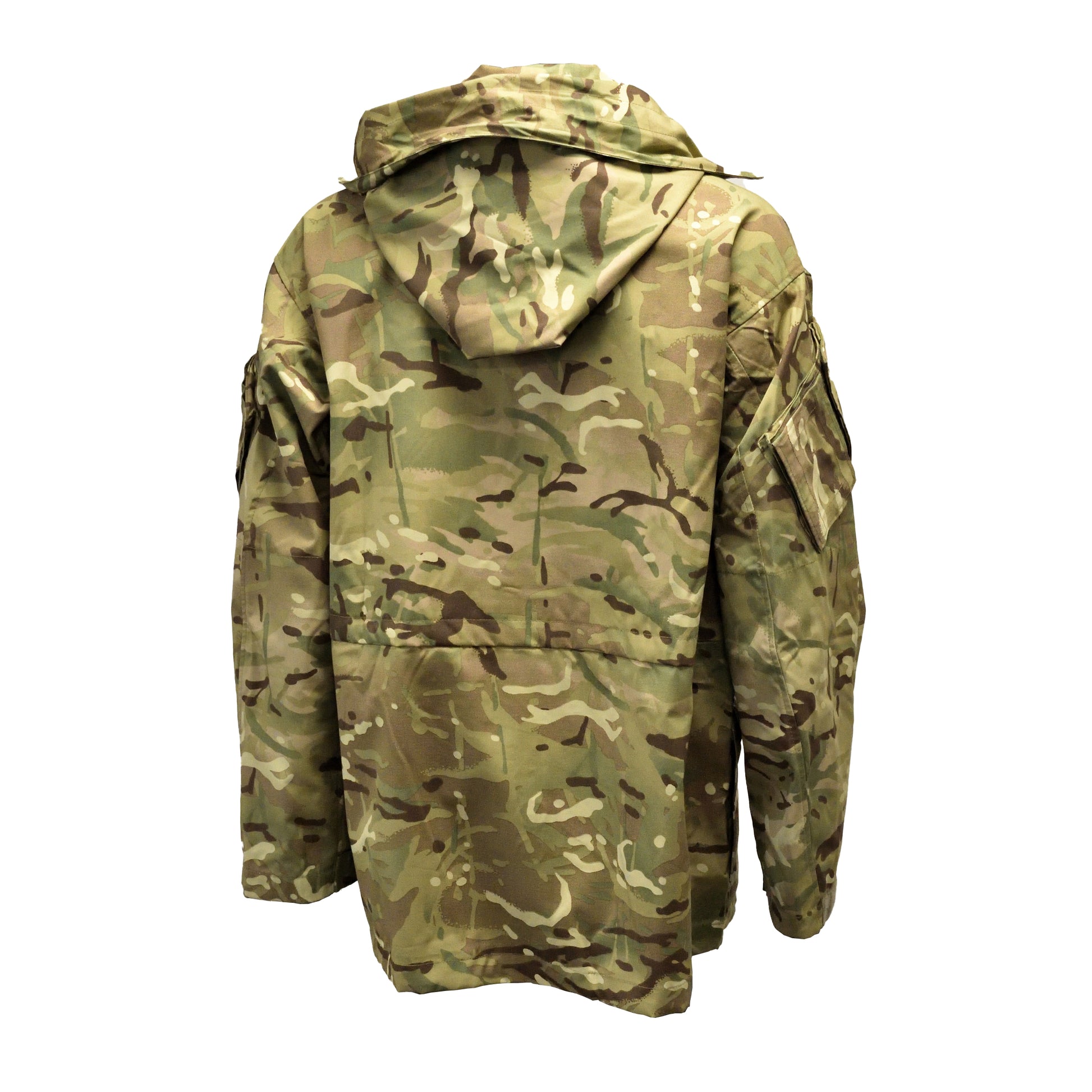 Rear view of British Army Windproof Combat Smock "2" MTP showing full length and cut.