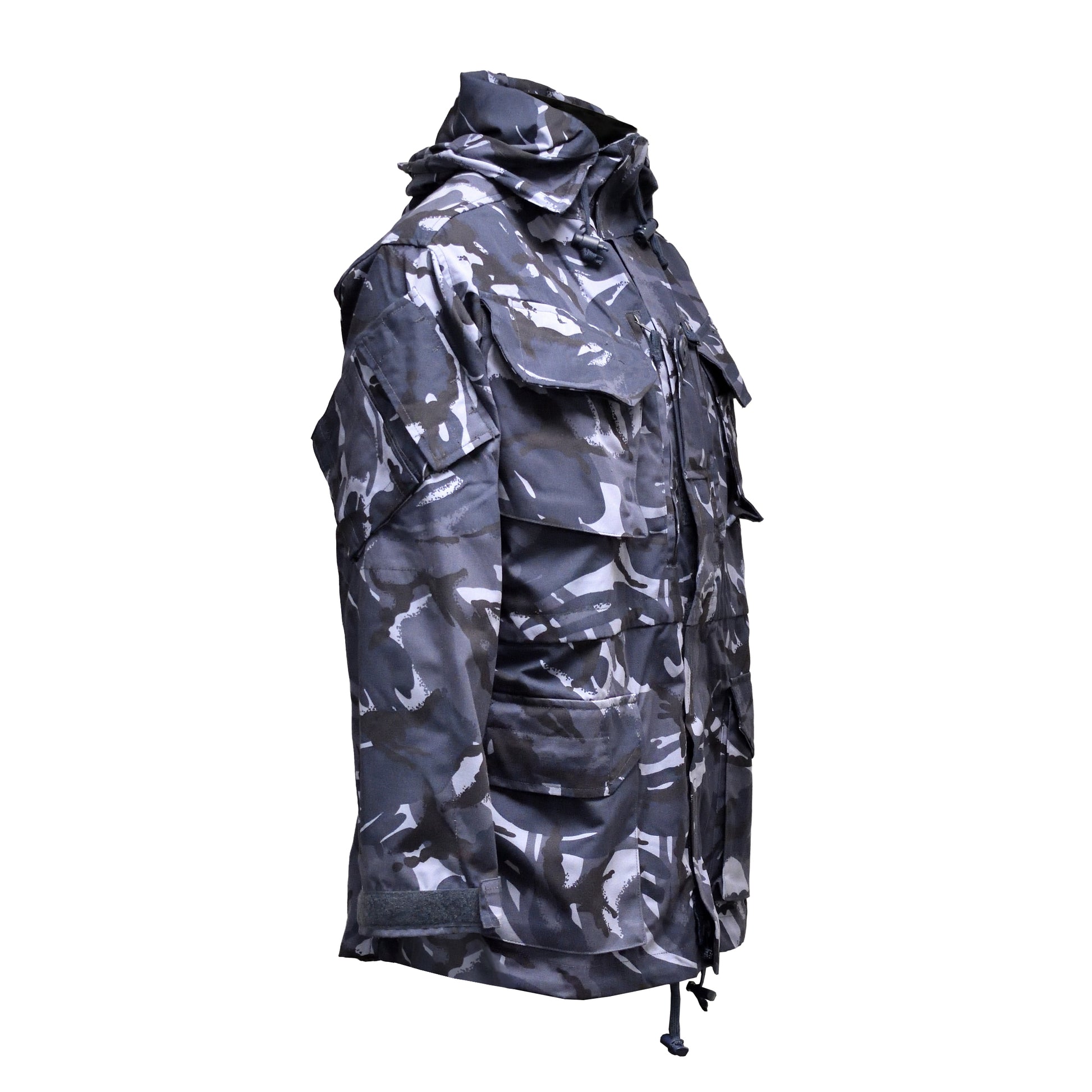 Right-angled front view of British Army Windproof Combat Smock Blue Camo with zip and fasteners visible.