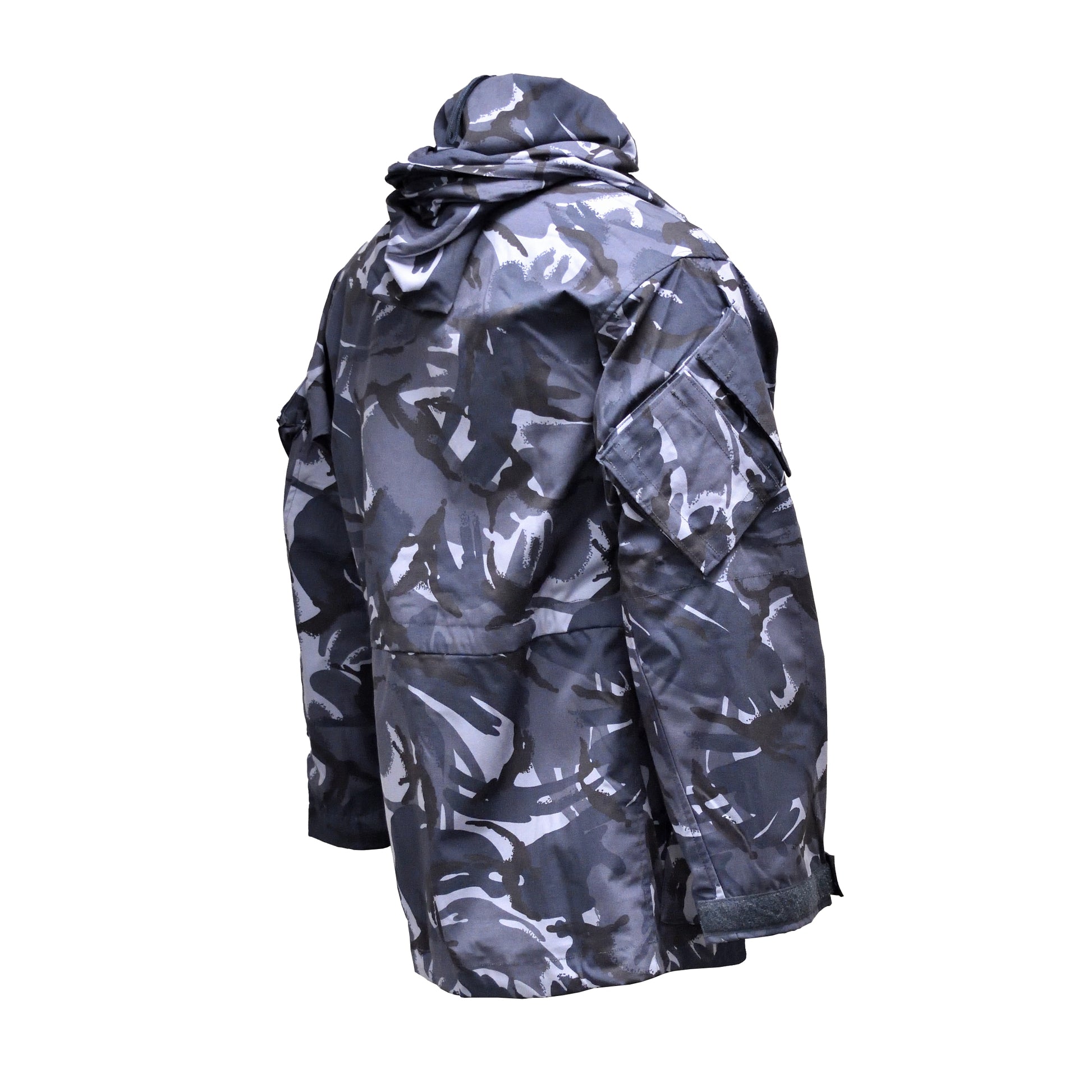 Right-angled rear shot of British Army Windproof Combat Smock Blue Camo highlighting shoulder details.