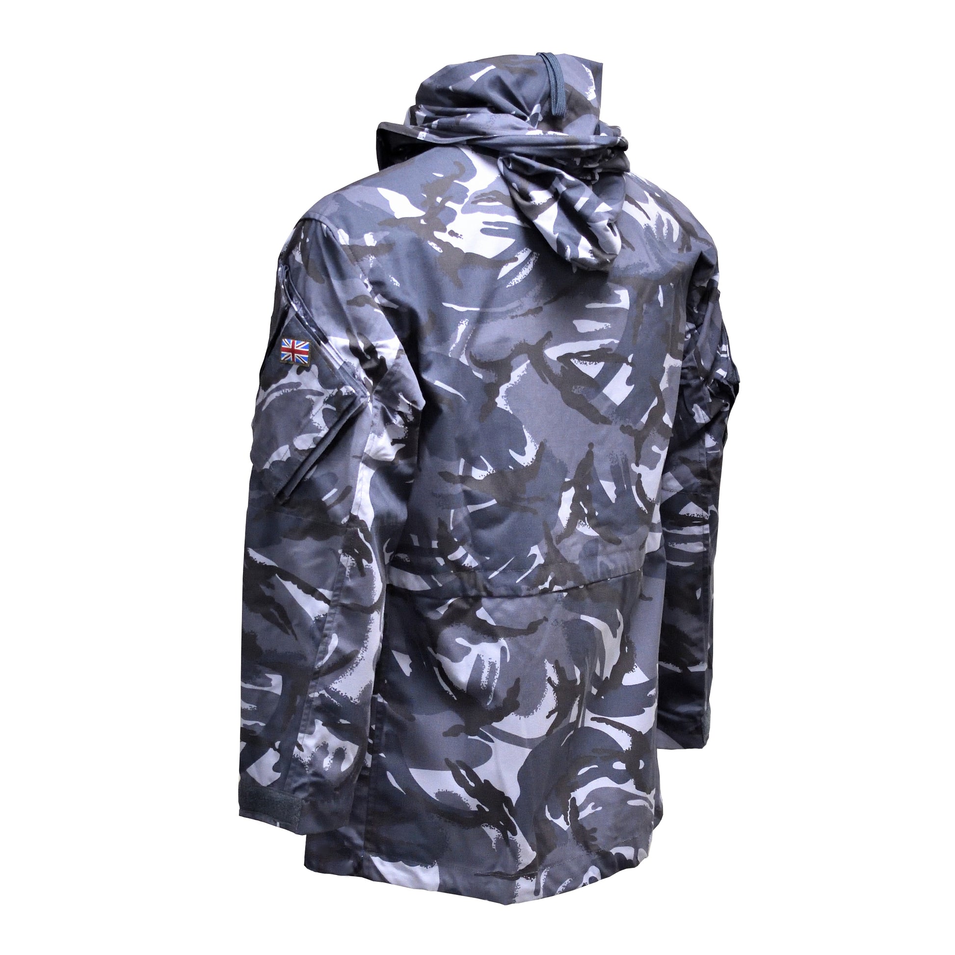 Left-angled rear view of British Army Windproof Combat Smock Blue Camo showing back panel.