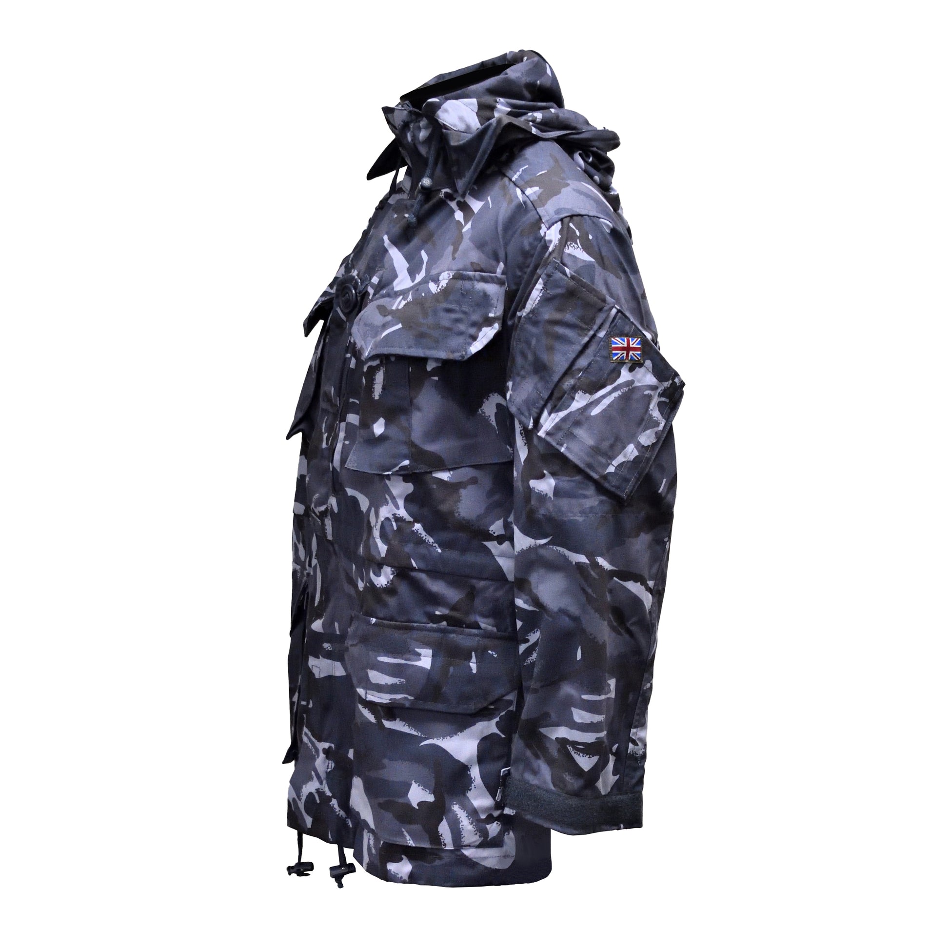 Left-angled front shot of British Army Windproof Combat Smock Blue Camo showing chest pockets.
