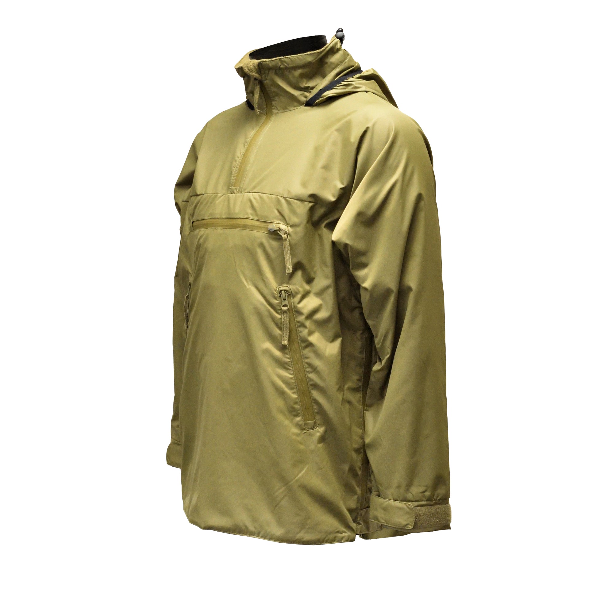 Left-angled front shot of British Army Lightweight Thermal Smock PCS Olive showing zip and pockets.