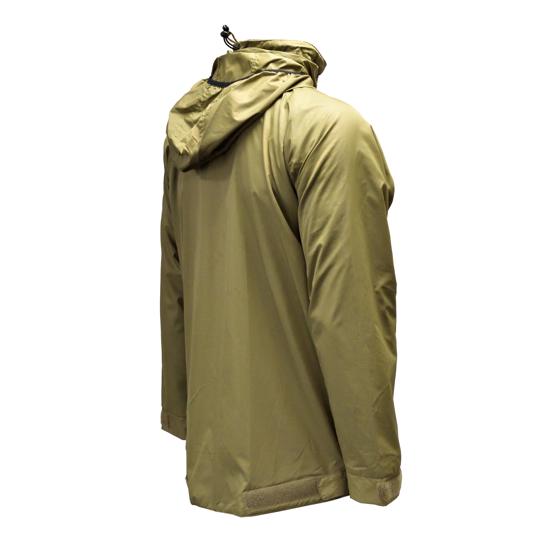 Right-angled rear shot of British Army Lightweight Thermal Smock PCS Olive highlighting shoulder seams.