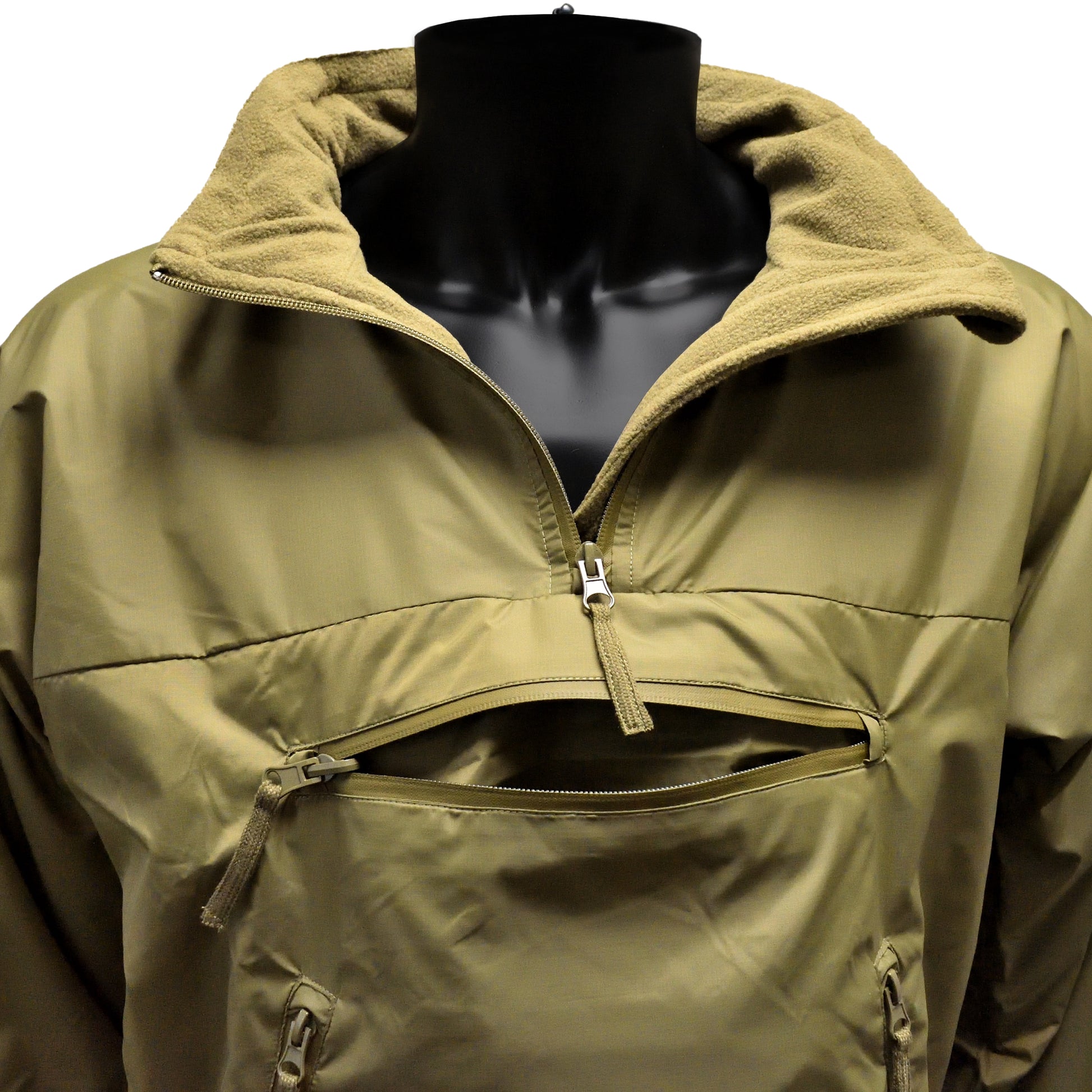 Detailed shot of collar and zip area on British Army Lightweight Thermal Smock PCS Olive.