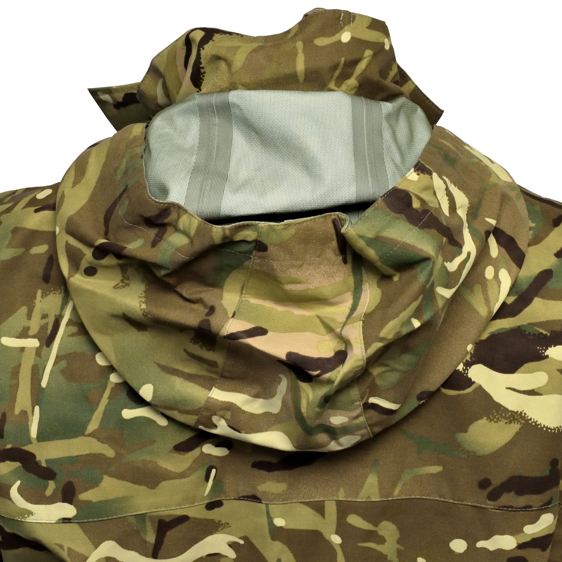 Detail shot of rear hood on British Army Petroleum Protective MVP Smock MTP IRR.