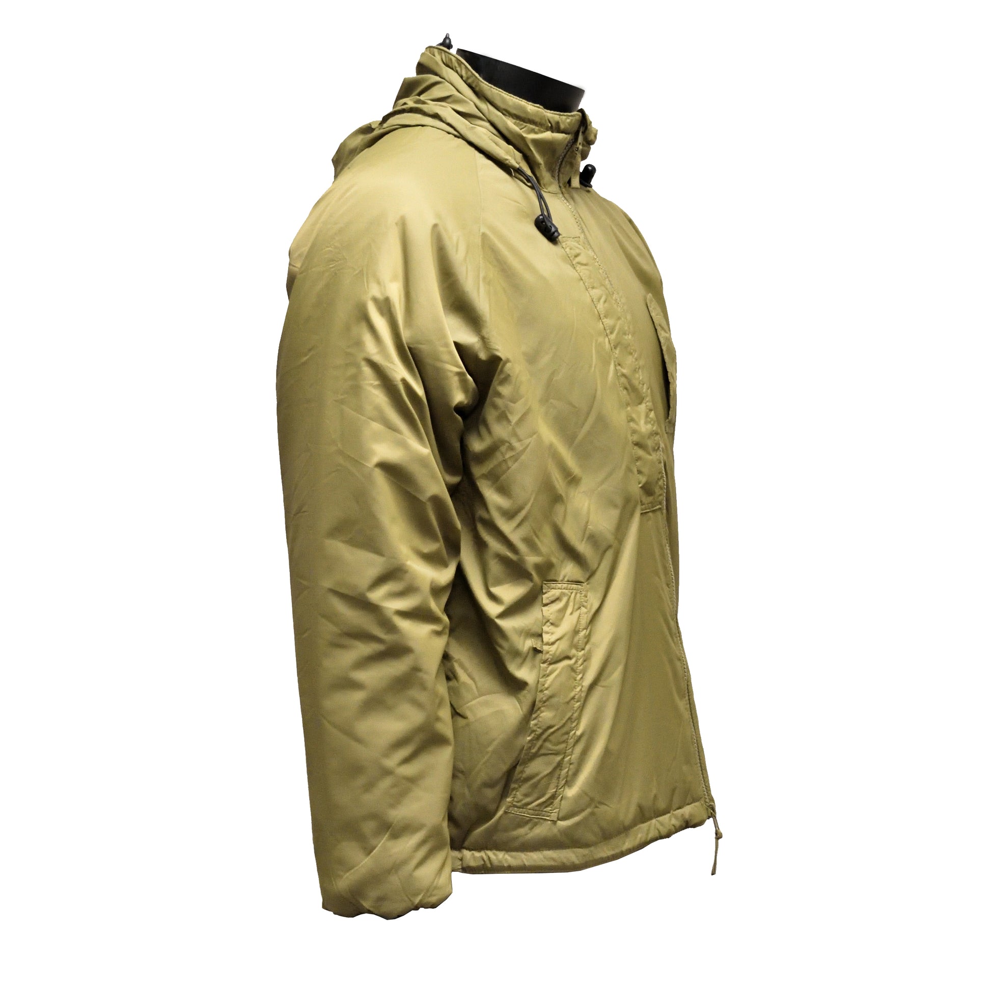 Right-angled front view of British Army Thermal Jacket with Integral Stuff Bag in PCS Olive, ideal for cold weather.