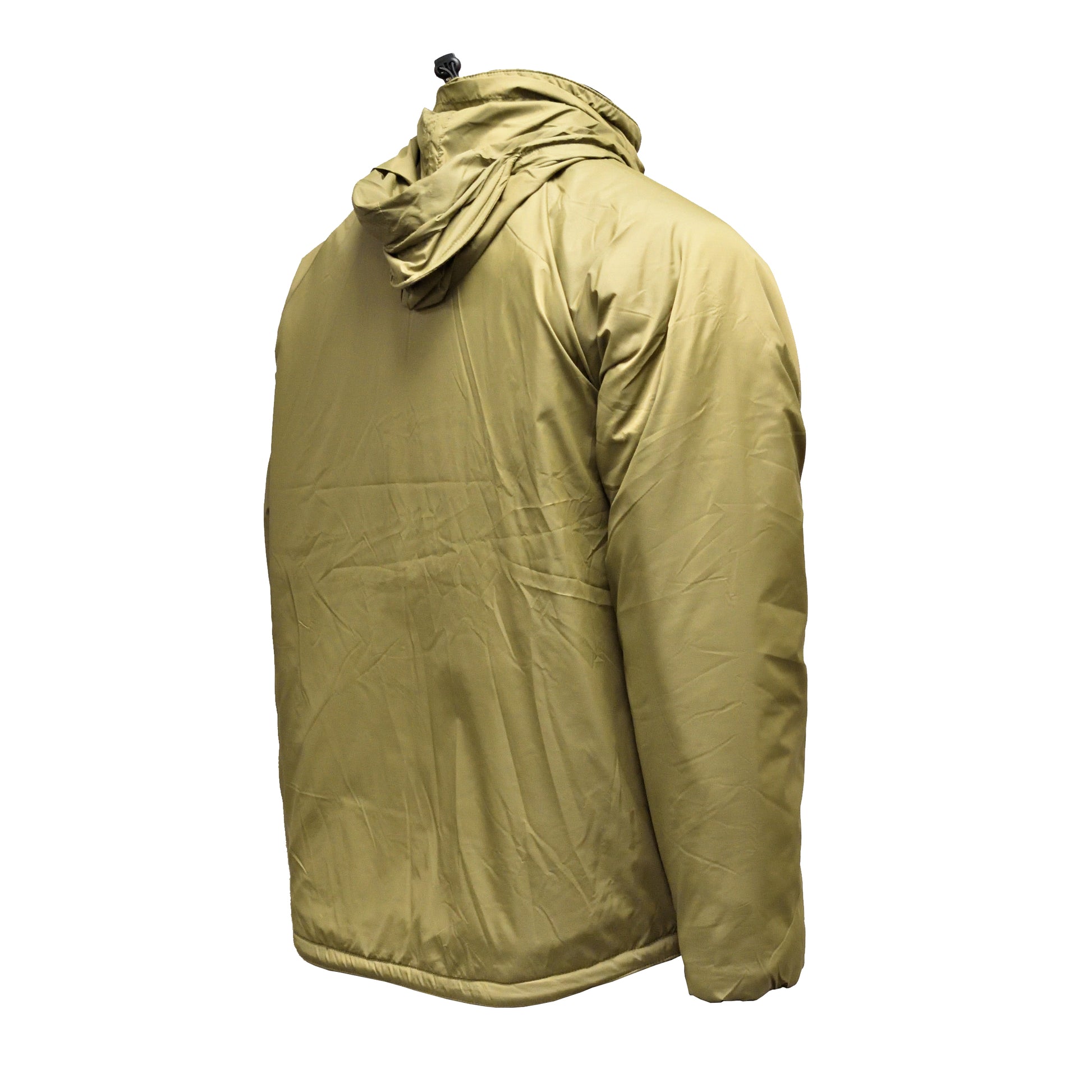 Right-angled rear shot of British Army Thermal Jacket with Integral Stuff Bag in PCS Olive, compact and insulated.