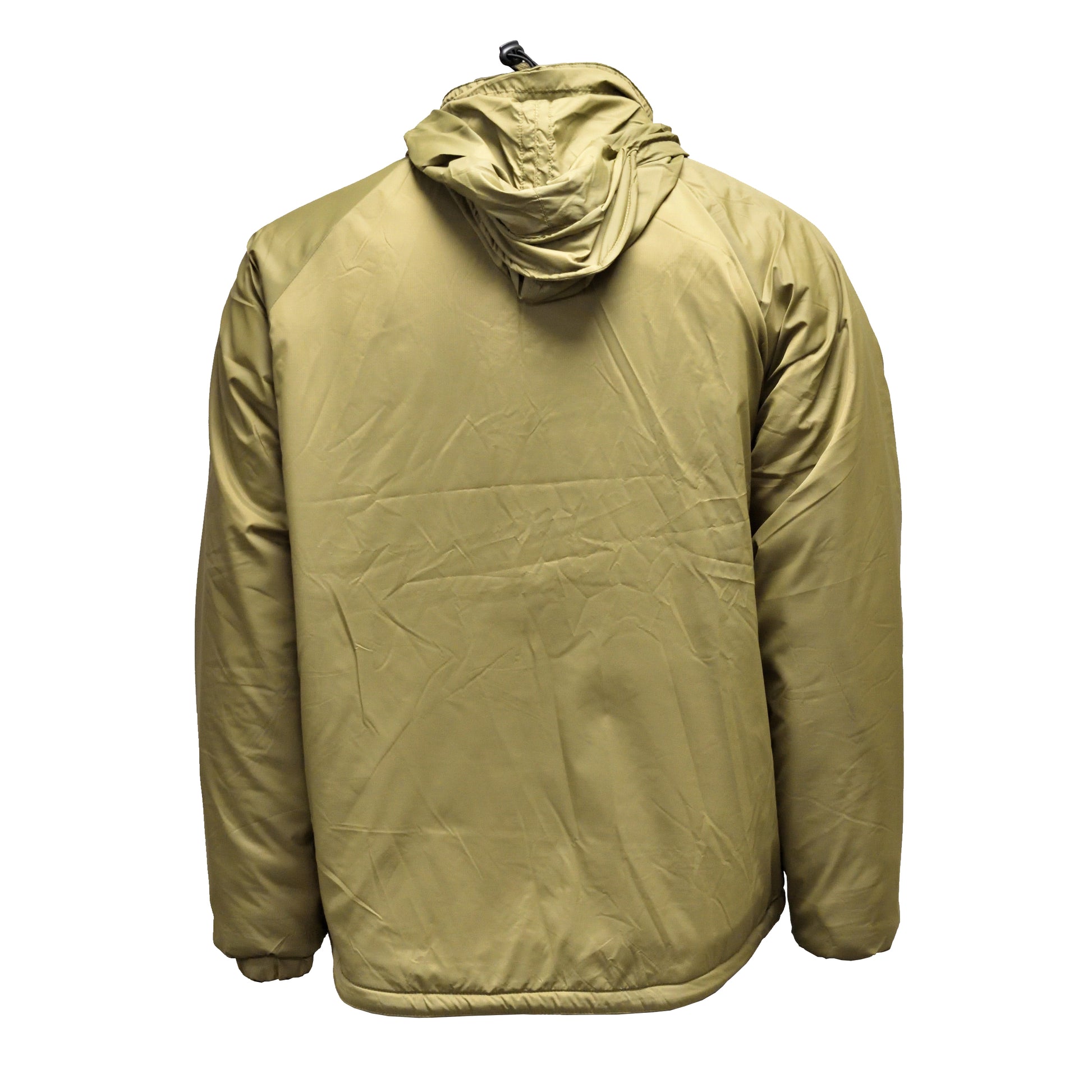 Rear view of British Army Thermal Jacket PCS Olive with integral stuff bag, designed for field use.