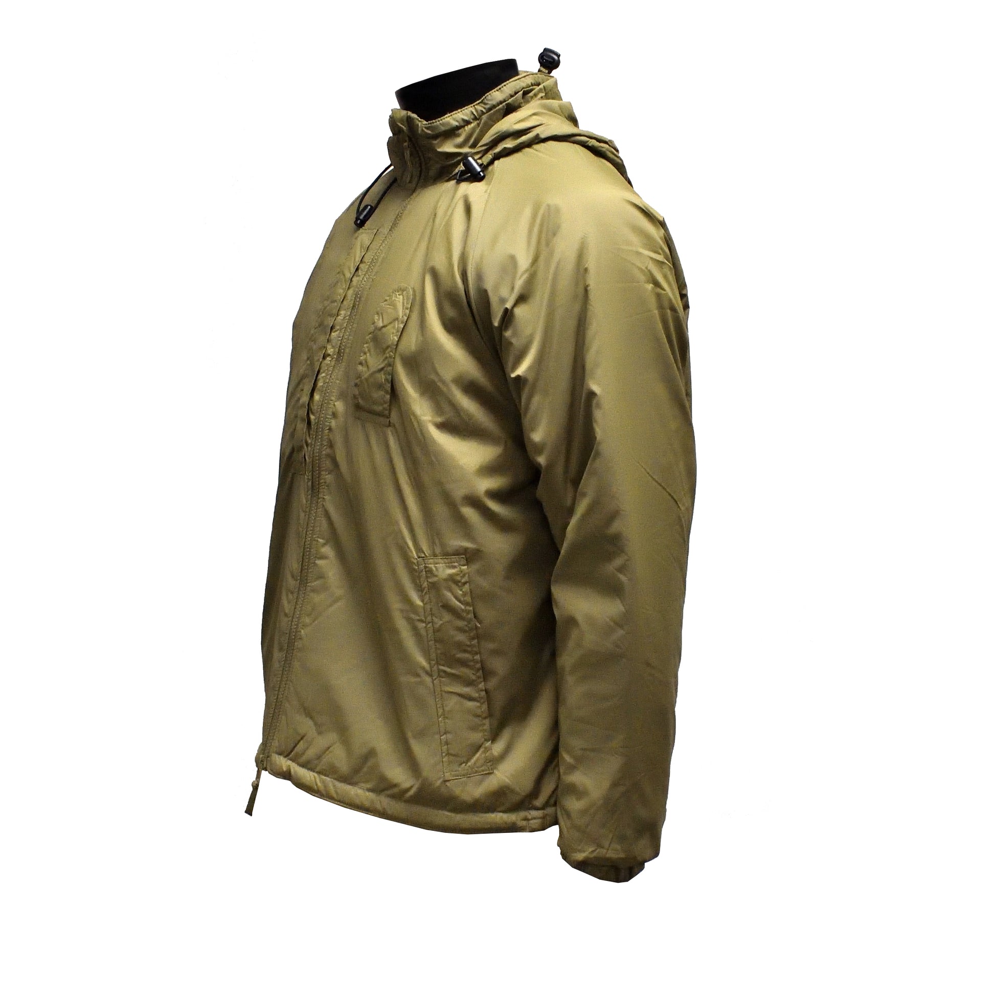 Left-angled front shot of British Army Thermal Jacket PCS Olive, featuring integral stuff bag.