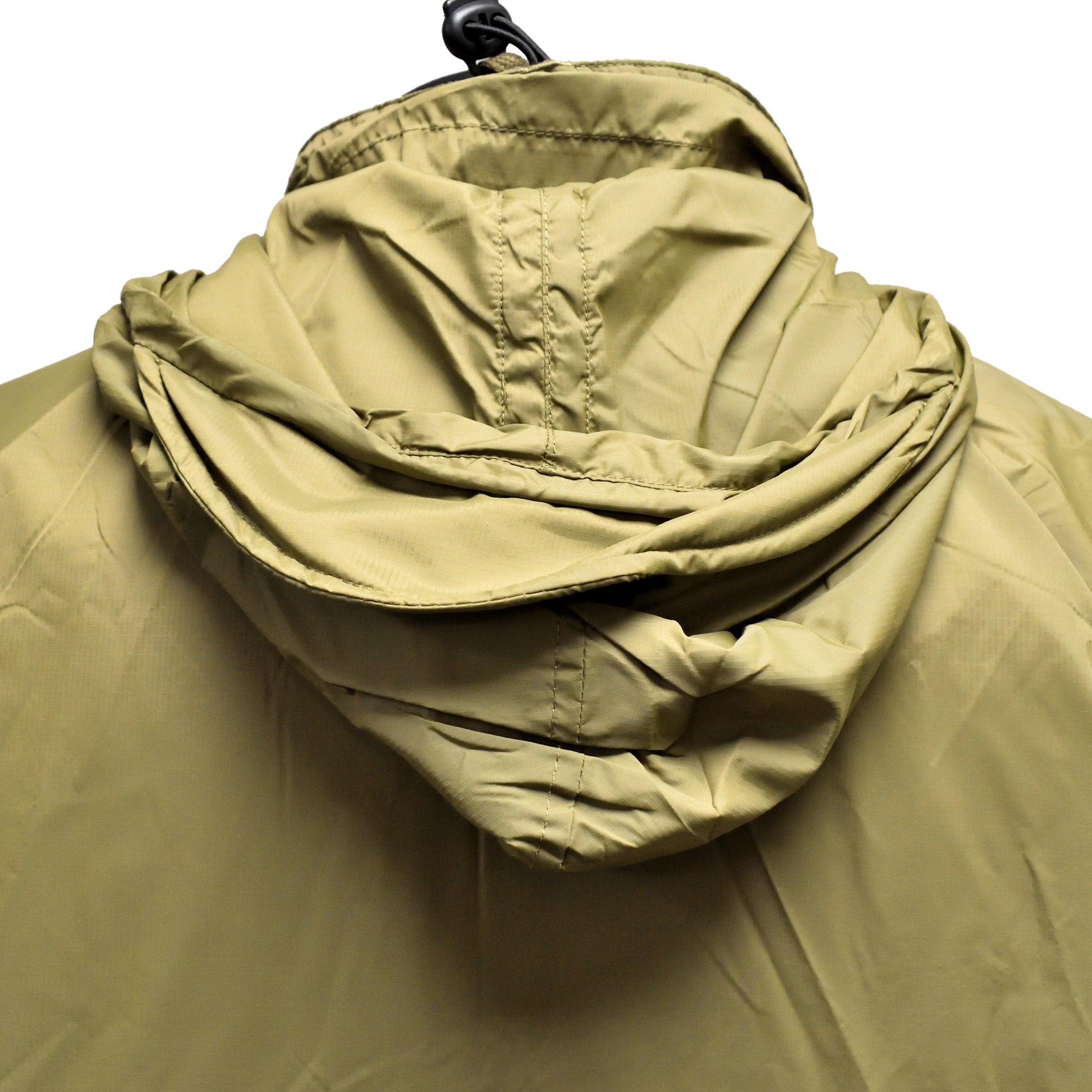 Close-up of hood draped down the back on British Army Thermal Jacket with Integral Stuff Bag in PCS Olive.