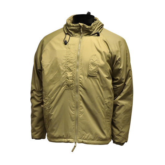 Front view of British Army Thermal Jacket with Integral Stuff Bag in PCS Olive, designed for warmth and compact storage.