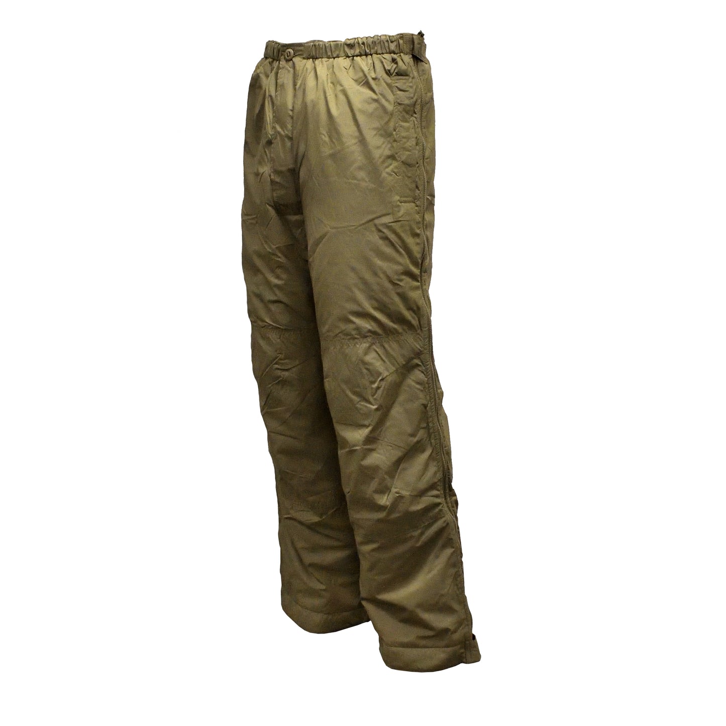 Left-angled front shot of British Army Thermal Trousers PCS Olive, showing insulated fabric and stuff bag feature.