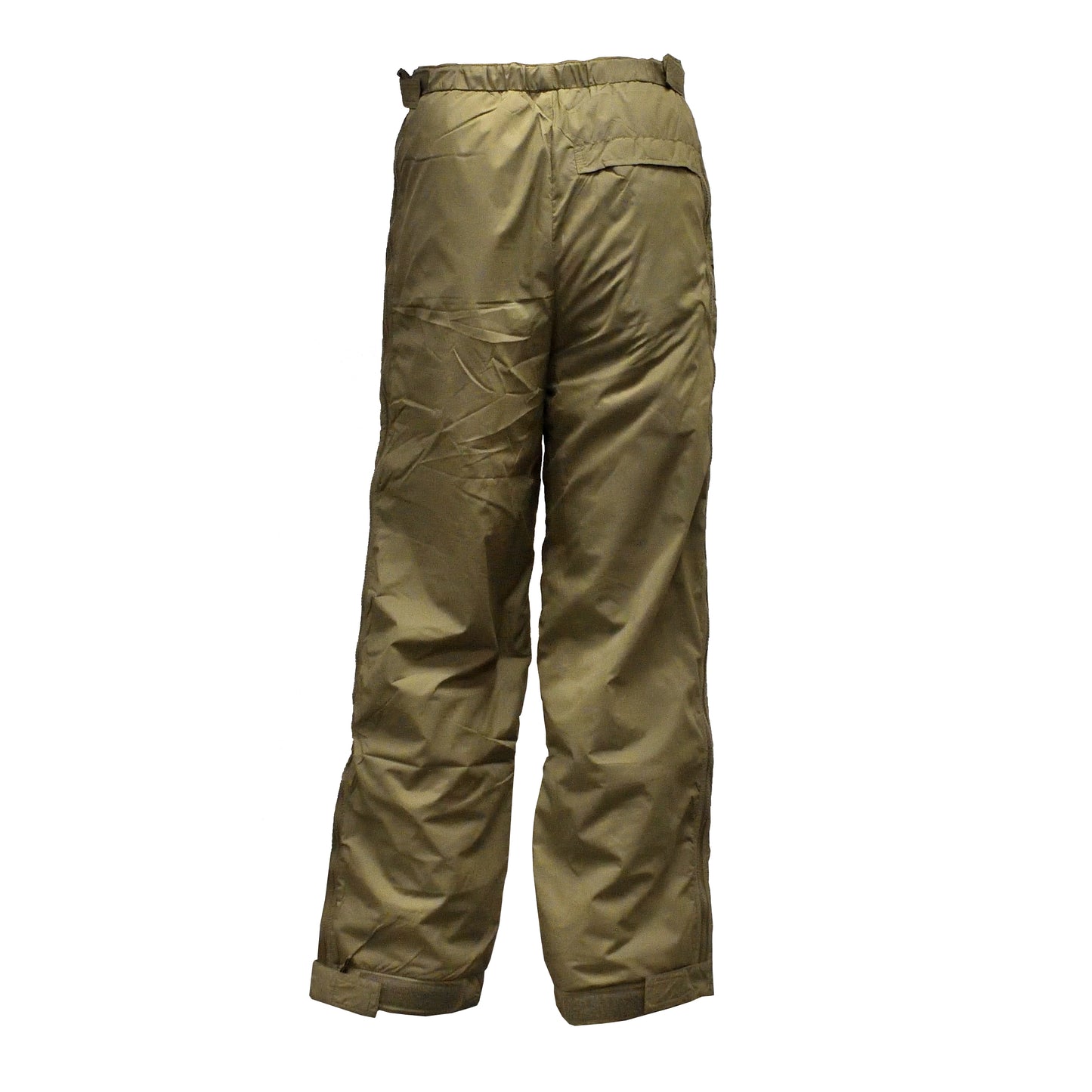 Left-angled rear view of British Army Thermal Trousers PCS Olive, highlighting rear panel and reinforced stitching.