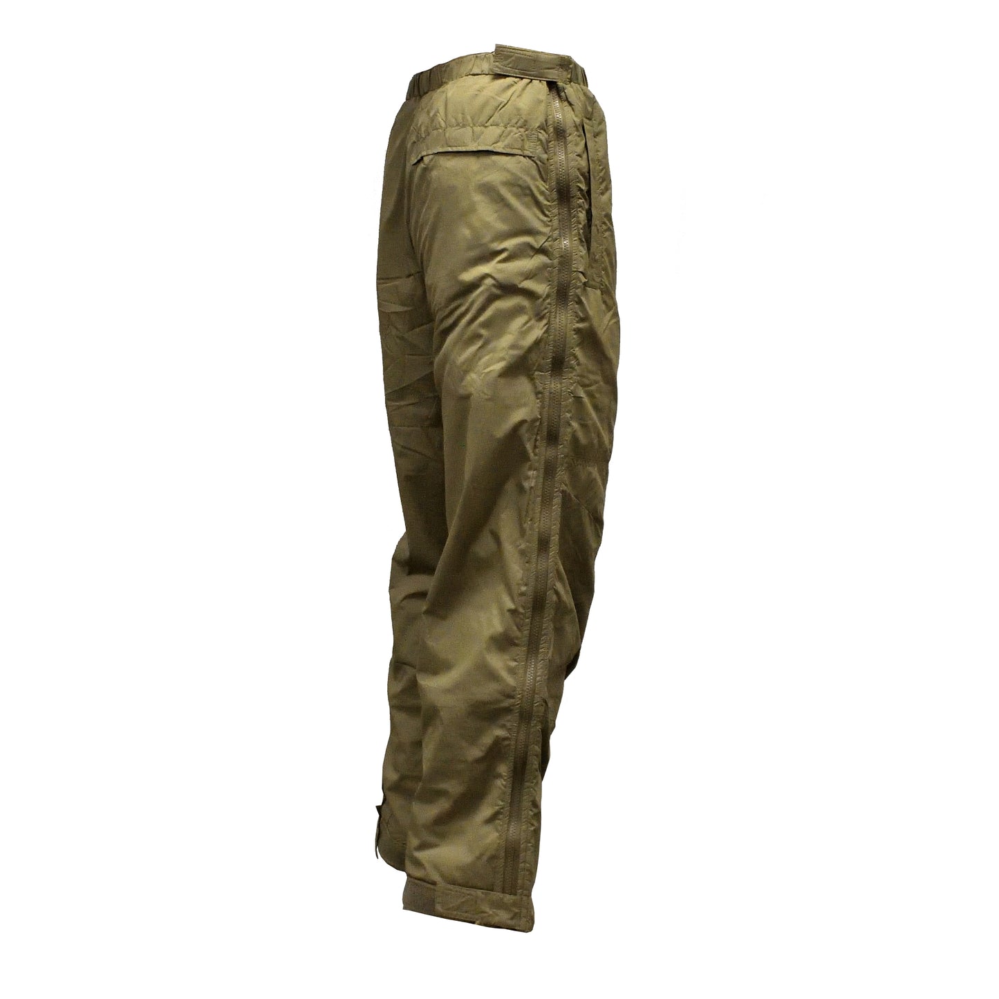 Side view of British Army Thermal Trousers PCS Olive with integral stuff bag, designed for field use.