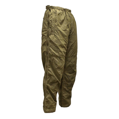 Right-angled front view of British Army Thermal Trousers with Integral Stuff Bag in PCS Olive, ideal for cold weather.