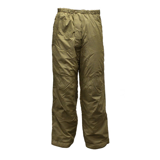 Front view of British Army Thermal Trousers with Integral Stuff Bag in PCS Olive, designed for insulation and compact storage.