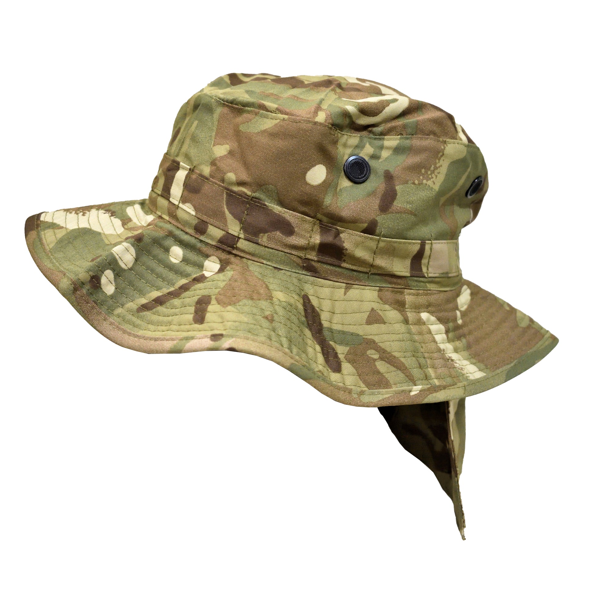 Left-angled front shot of British Army Tropical Combat Hat MTP showing brim and ventilation holes.